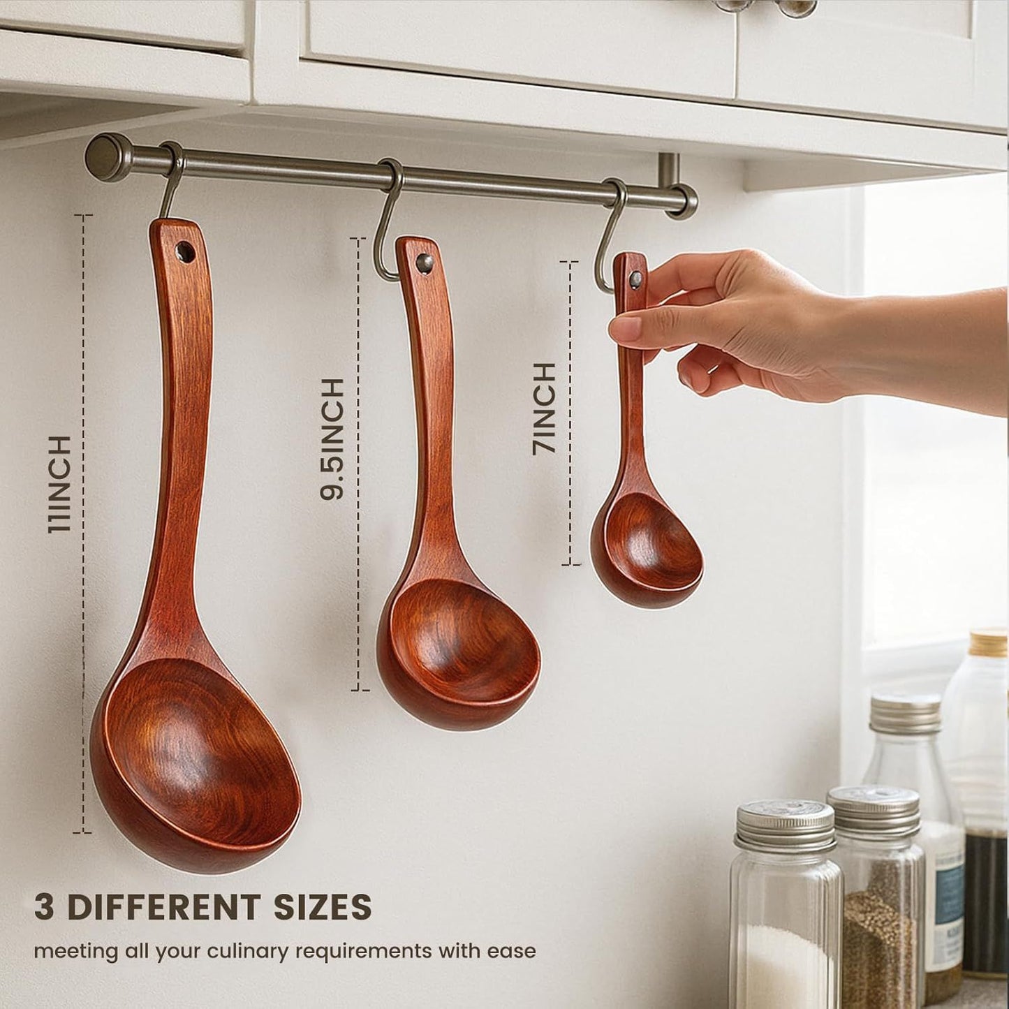 Wooden Ladle for Soup, 3 Size Wooden Spoons for Deep Pot & Bowl, Heat Resistant Handles, Non-Stick Wood Kitchen Utensils Set for Cooking, Serving and Stirring Thick Stews, House Warming Gifts