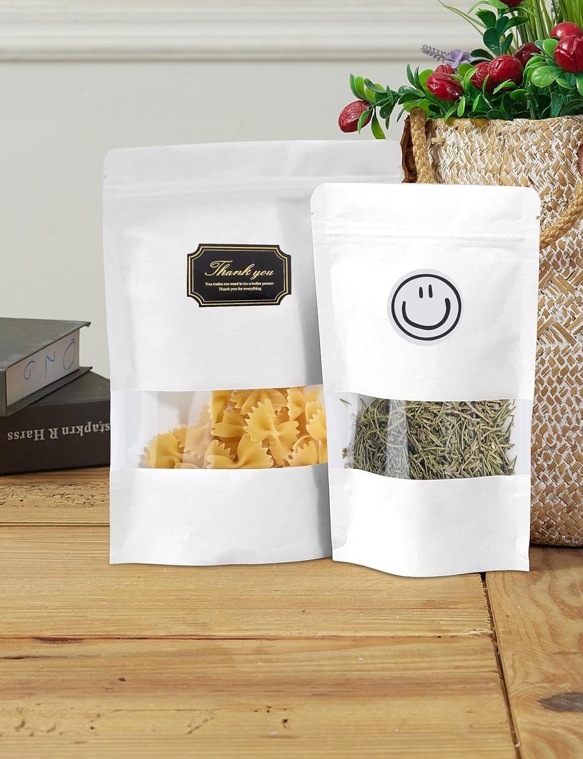 100 Pcs White Paper Bags with Window, 7.9" x 11.8" Stand Up Pouches Bags, Zipper Food Storage Bags for Packaging Products, Reusable, Sealable