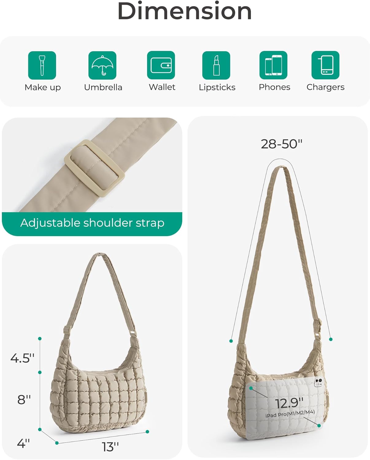 Quilted Crossbody Bag for Women, Lightweight Puffer Purse for Travel, Daily Use & Work | Water-resistant, Puffy Shoulder Bag, w/ Adjustable Strap, Light & Comfortable, Hands-free Bags, Travel Essentials
