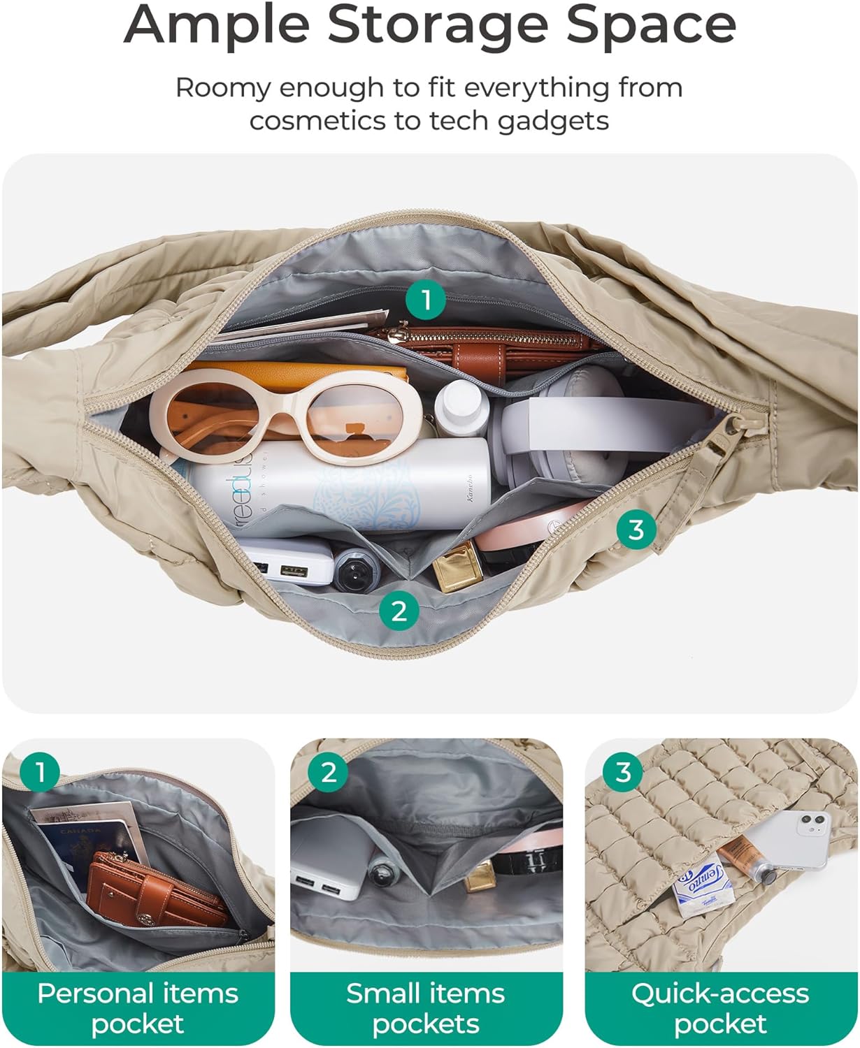 Quilted Crossbody Bag for Women, Lightweight Puffer Purse for Travel, Daily Use & Work | Water-resistant, Puffy Shoulder Bag, w/ Adjustable Strap, Light & Comfortable, Hands-free Bags, Travel Essentials