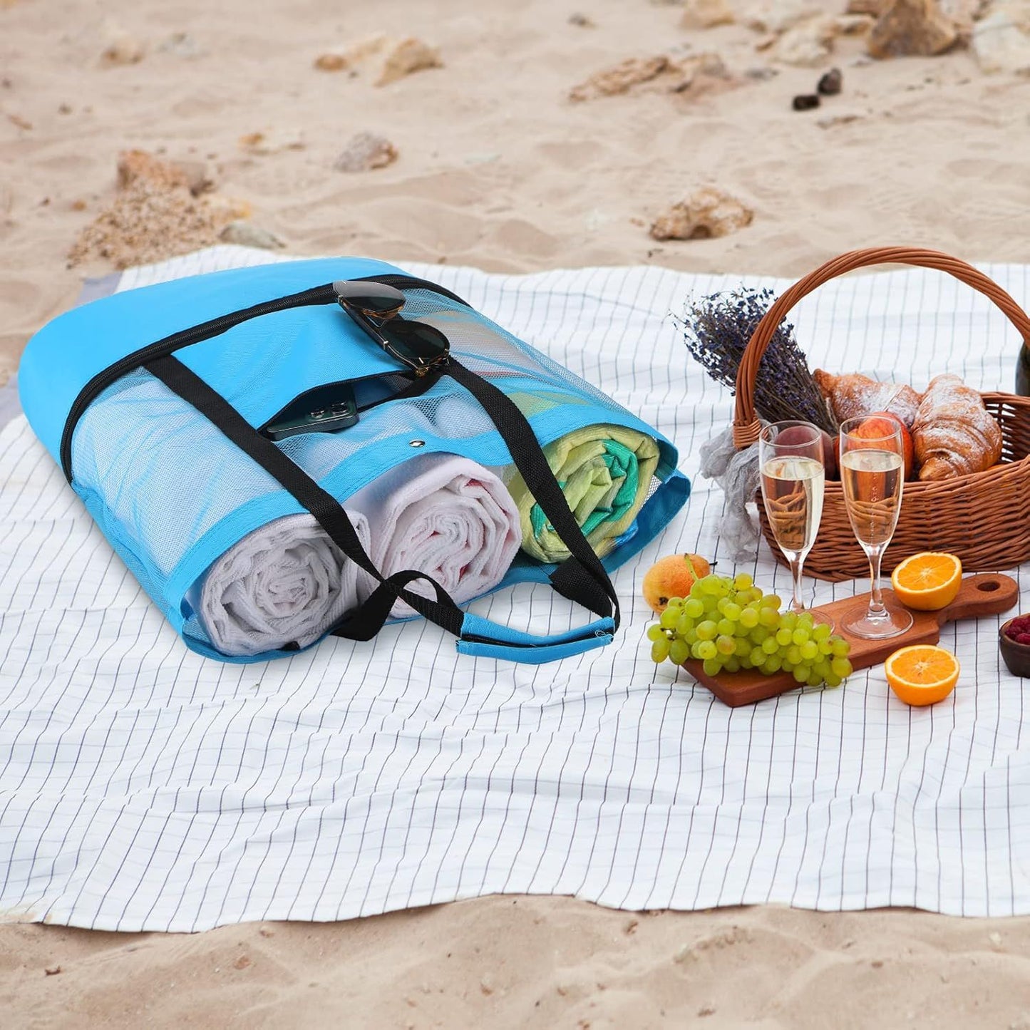 3 Pcs Beach Bag with Cooler Mesh Beach Tote with Insulated Cooler and Pocket Waterproof Sandproof Beach Tote Bag Swim Pool Bag for Women Summer (Black, Blue and Green)