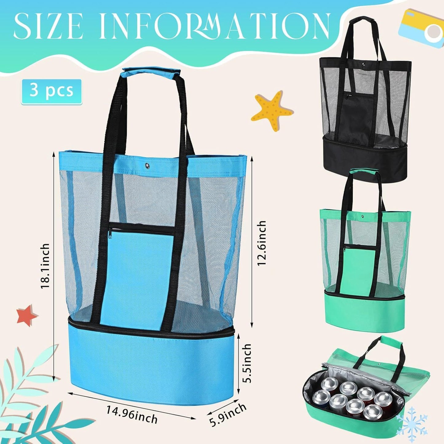3 Pcs Beach Bag with Cooler Mesh Beach Tote with Insulated Cooler and Pocket Waterproof Sandproof Beach Tote Bag Swim Pool Bag for Women Summer (Black, Blue and Green)