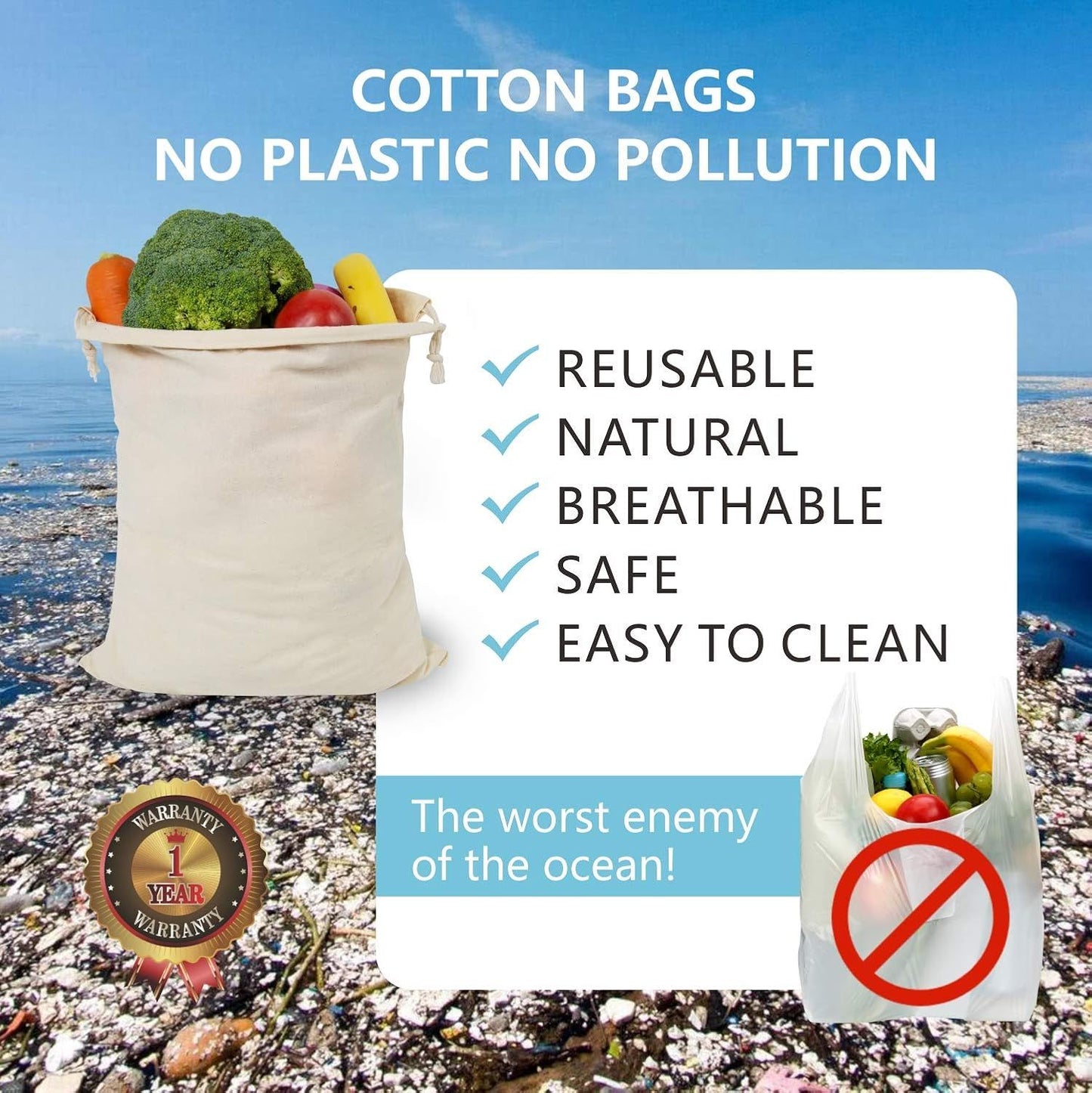 10-Pack 10” x 12” Reusable Produce Bags, Muslin Bags with Drawstrings for Shopping & Storage, 100% Natural Cotton Bags, Washable, Biodegradable, Food Safe