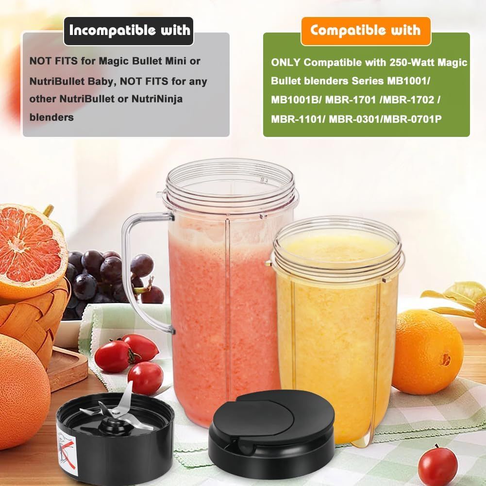 2 Pack Replacement Blender Cups set for magic bullet ，22oz Tall Cup with Flip Top To-Go Lid，16oz Replacement Cup with Cross Blade Replacement Parts Compatible with 250W Magic Bullet MB1001