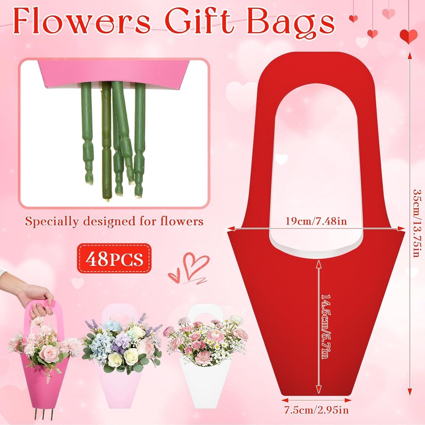48 Pcs Mother's Day Flower Bouquet Holder Bulk with Handle Pink Red Florist Floral Bouquet Boxes for Arrangements Flower Gift Bags Packaging for Bridal Wedding Birthday Party Decor