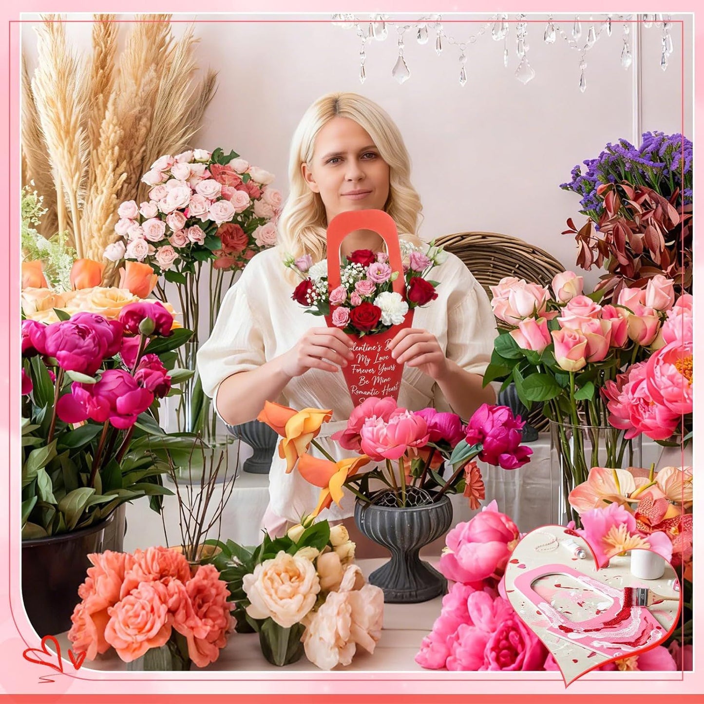 48 Pcs Mother's Day Flower Bouquet Holder Bulk with Handle Pink Red Florist Floral Bouquet Boxes for Arrangements Flower Gift Bags Packaging for Bridal Wedding Birthday Party Decor
