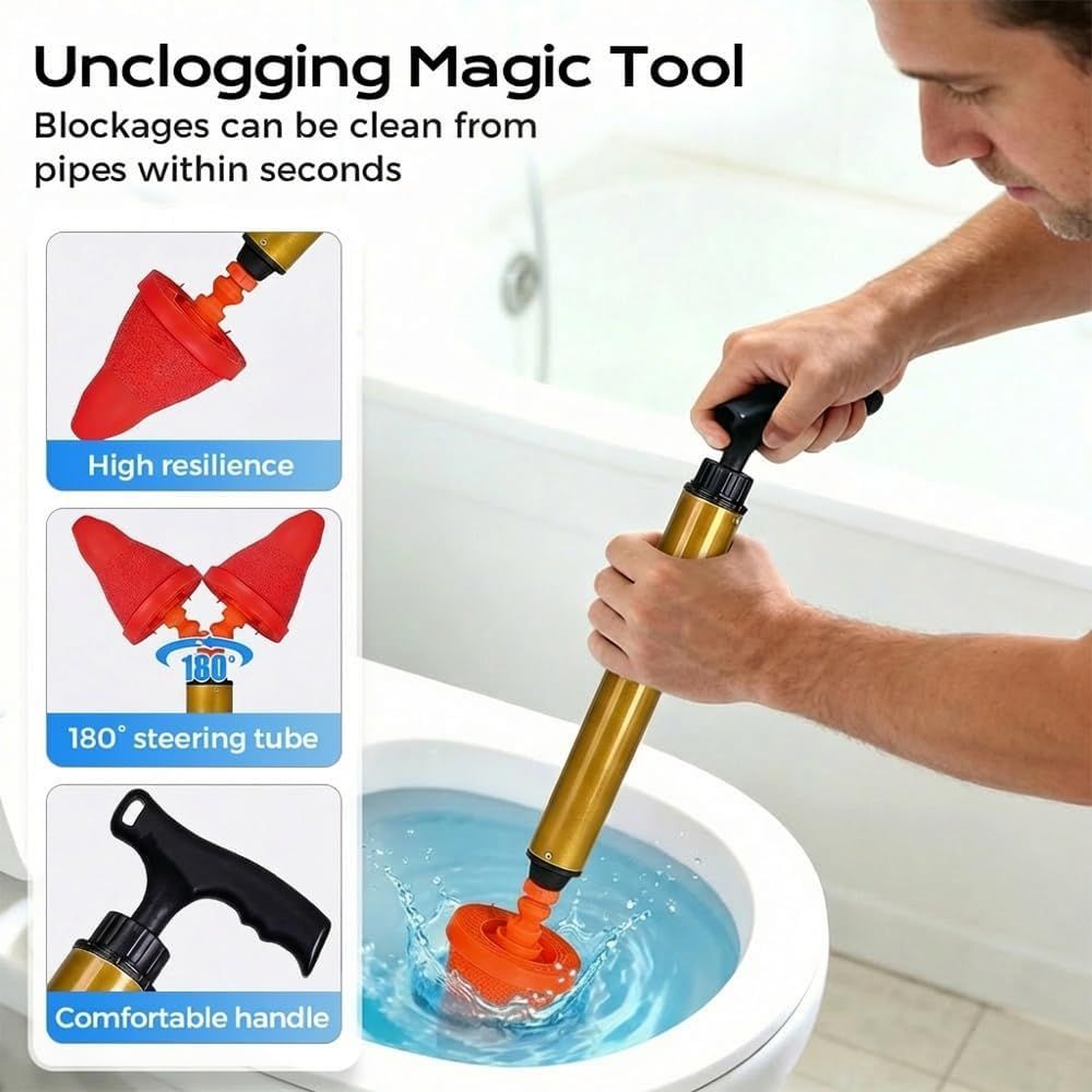 Multipurpose Household High Pressure Toilet Plunger, 2026 Upgraded Powerful Air Drain Unclogger Heavy Duty Plunger Auger Clog Remover Tool for Toilet Bathroom Drains (1 Pc)