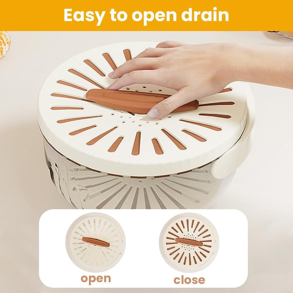 2-in-1 Draining and Preservation Basket, 2026 Upgraded Multifunctional Fruit and Vegetable Washing Bowl with Handle Fruit Strainer Container with Lid for Kitchen, Fridge, Picnic, Camping (Brown)