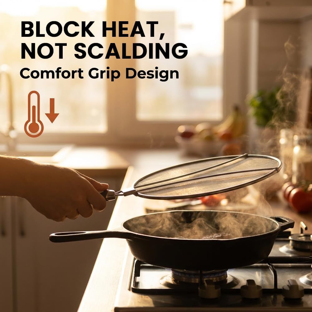 Stainless Steel Grease Splatter Guard, 11-Inch Fine Mesh Cover with Adjustable Comfort Grip Handle, Oil Splash Screen for Frying Pan, Cooking Pots, Skillet (1)