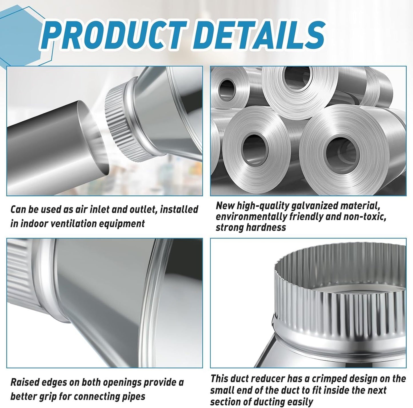 8 Inch to 4 Inch Duct Reducer Increaser Galvanized Steel Air Duct Adapter Round Crimped Pipe Connector Fitting Coupling for HVAC Ventilation Systems