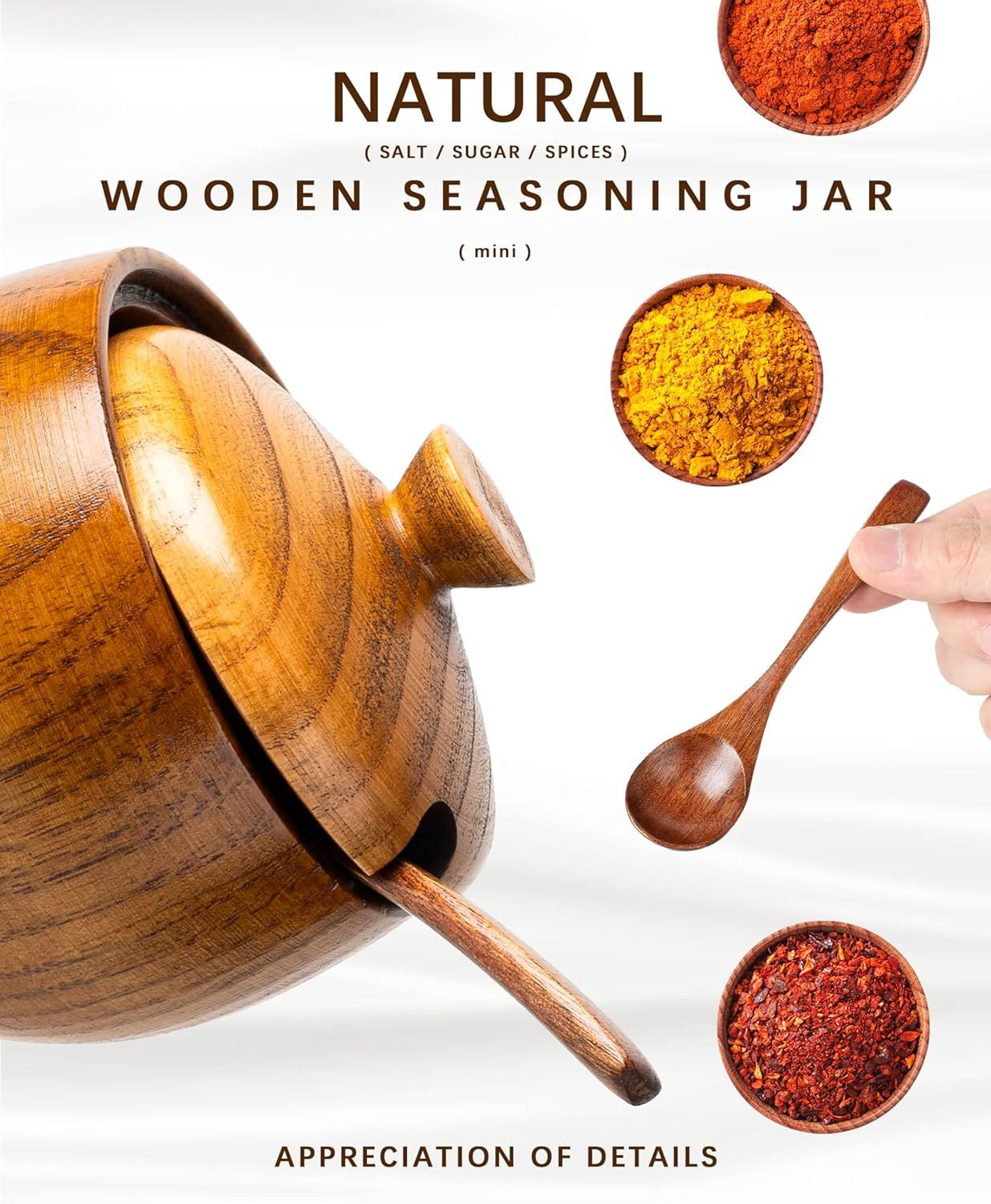 Jujube Wood Salt Container for Countertop, 6 Ounces Capacity Salt Cellar with Lid and Spoon, 3.3x3.5 inch Salt Box, Unique Salt Holder for Kitchen, Elegant Wooden Salt and Pepper Bowl