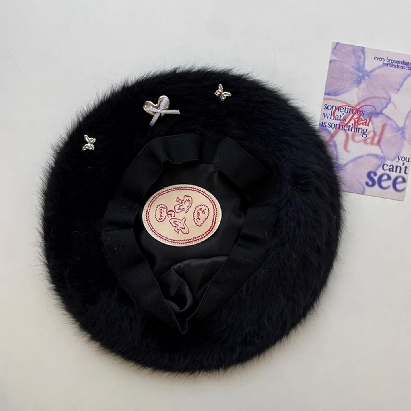 Fuzzy Faux Fur Beret with Heart Bow Butterfly Metal Gems for Women, Winter Atmosphere Artist Hat for A Slim Face Look