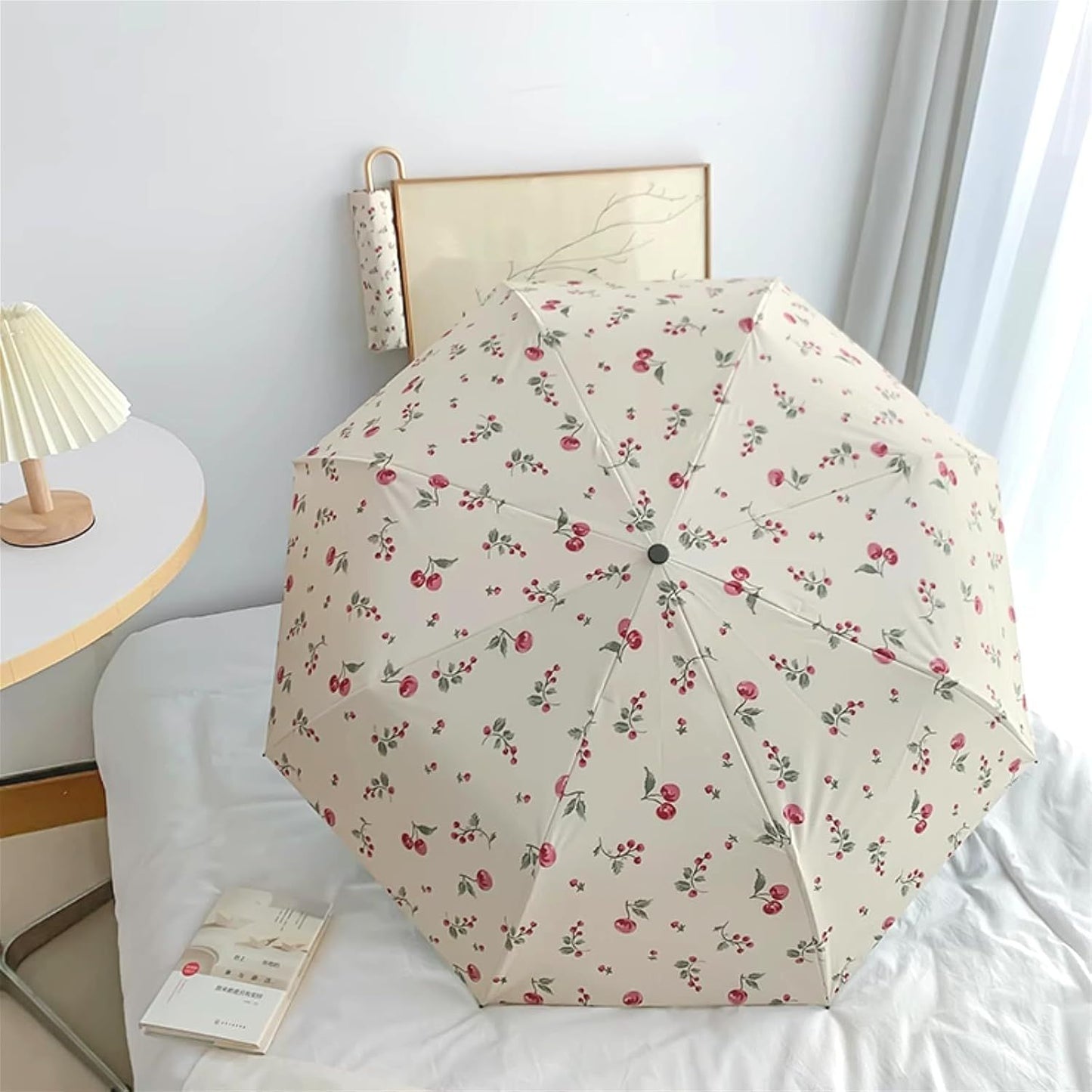 Portable Cherry Sun Umbrella with UPF50+ UV Protection, Foldable Compact Sun & Rain Travel Umbrellas with Curved Hook