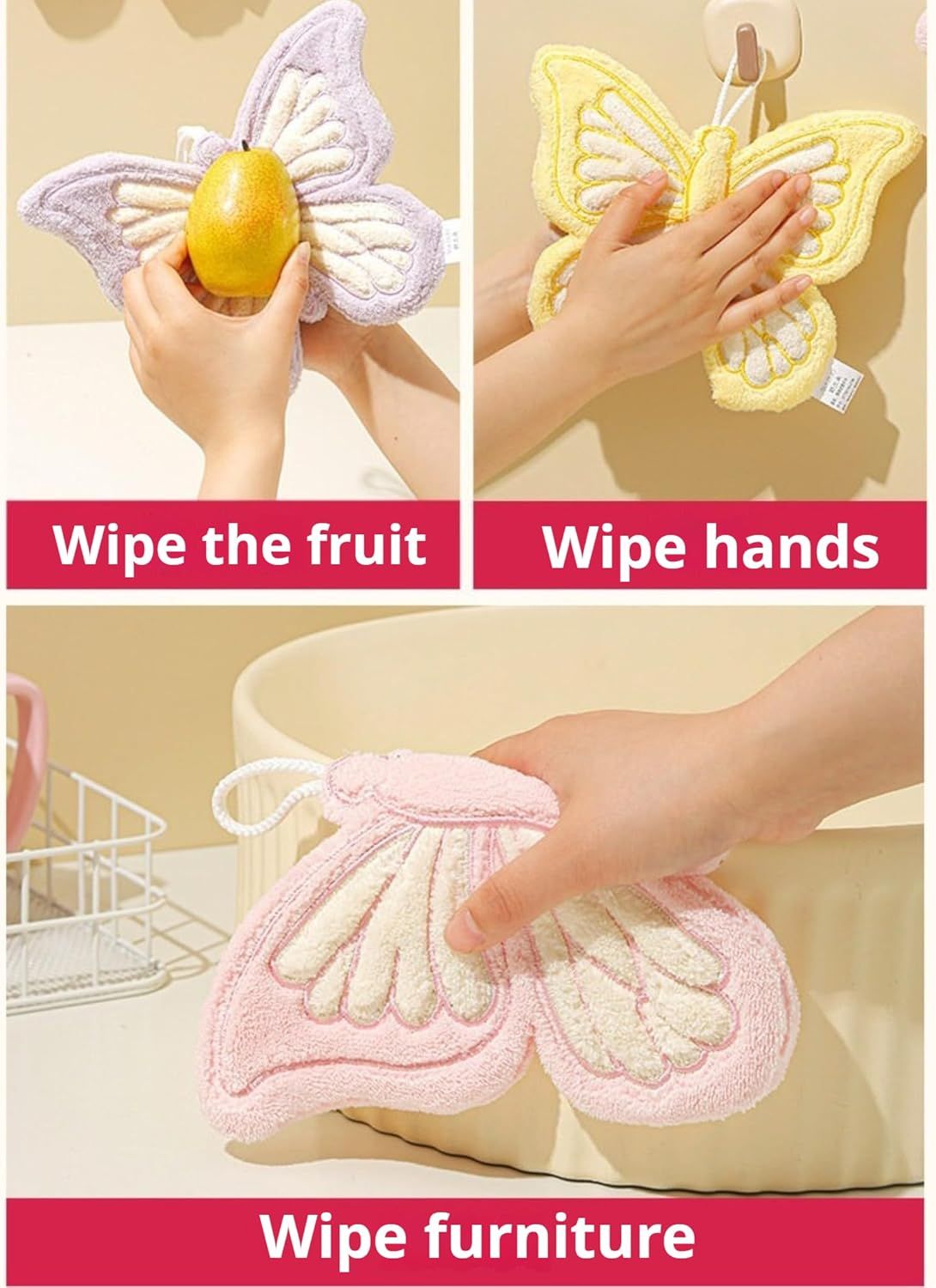 Butterfly Shaped Hanging Hand Towel 3 Pcs Set, Extra Thick Coral Fleece Ultra Absorbent Kitchen Bathroom Towel with Loop