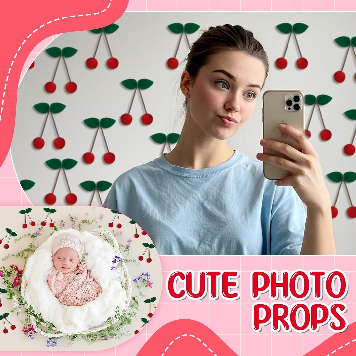 20 Pcs Cherry Party Decor Cherry Felt Balls DIY Garland Craft Handmade Cute Wool Pompom Fruit Baby Shower Decorations for Birthday Baby Shower Party Wedding Home Favors