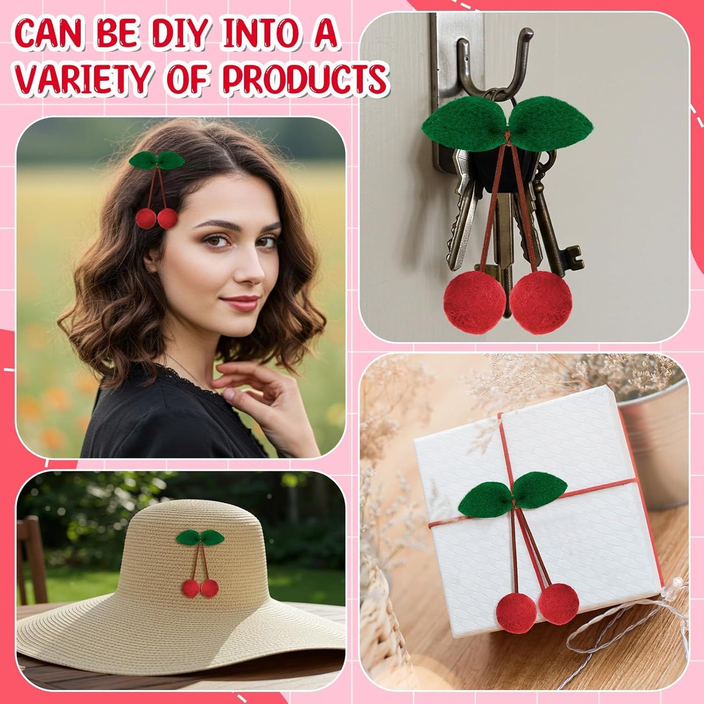 20 Pcs Cherry Party Decor Cherry Felt Balls DIY Garland Craft Handmade Cute Wool Pompom Fruit Baby Shower Decorations for Birthday Baby Shower Party Wedding Home Favors