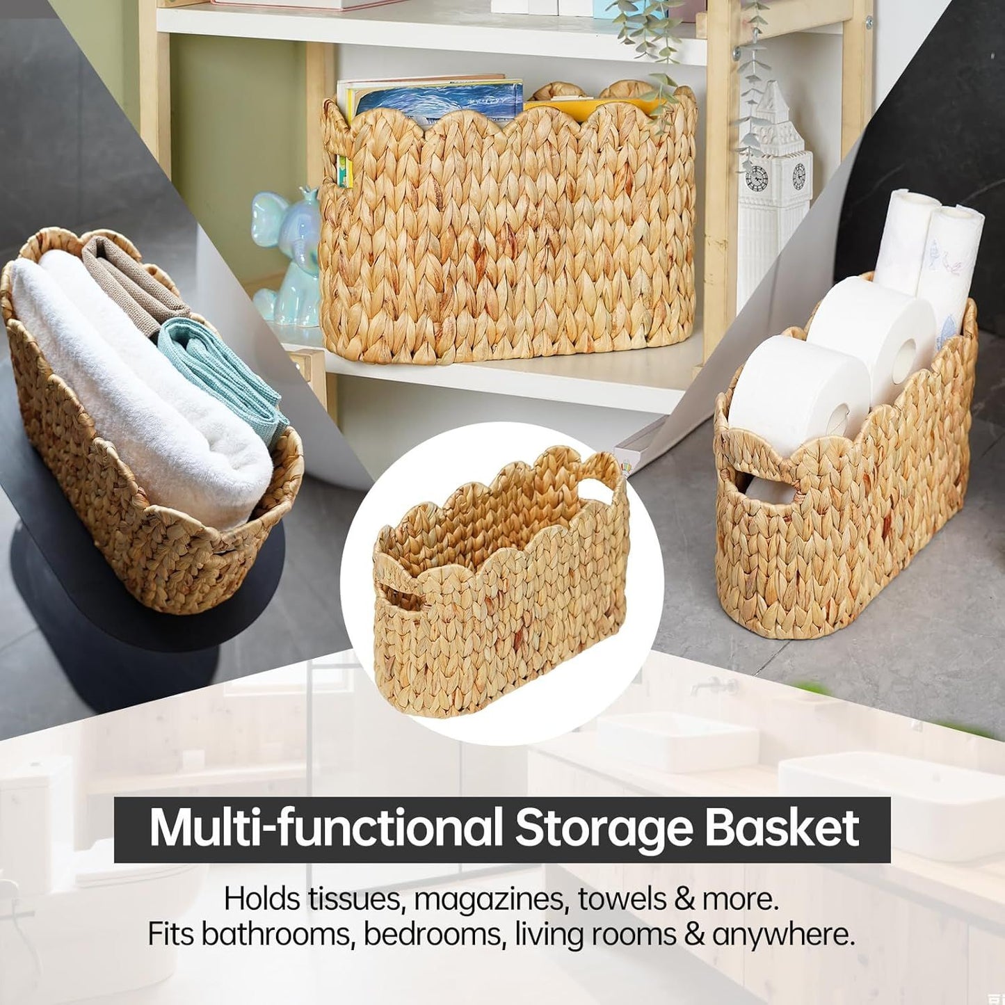 Toilet Paper Storage Basket,Scalloped Wicker Basket for Bathroom Organizers and Storage,Hand-Woven Rattan Bathroom Decor Accessories,Natural Water Hyacinth