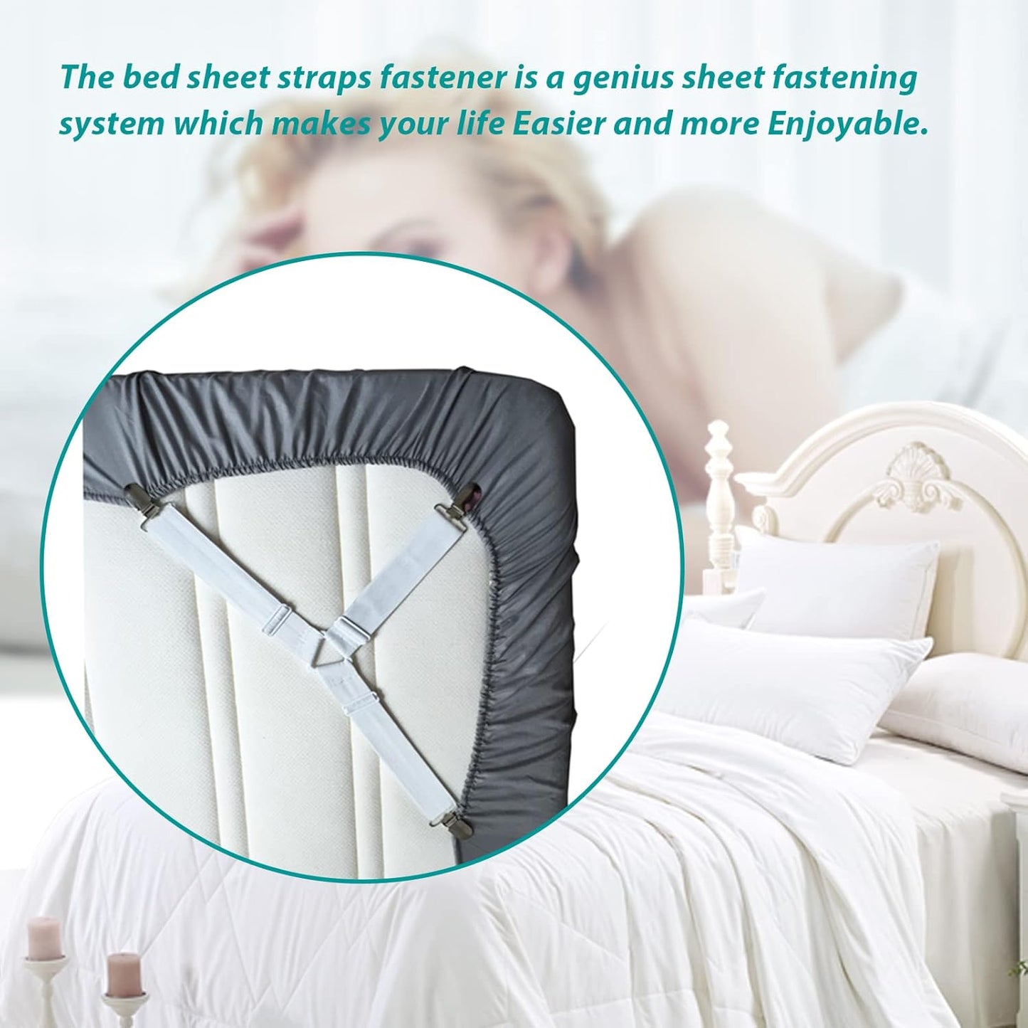 Bed Sheet Fasteners, Adjustable Mattress Suspenders, Mattress Cover Straps, Bed Corner Holder and Keepers and the Bed Sheet Grippers Clips (Triangle White Set of 4)