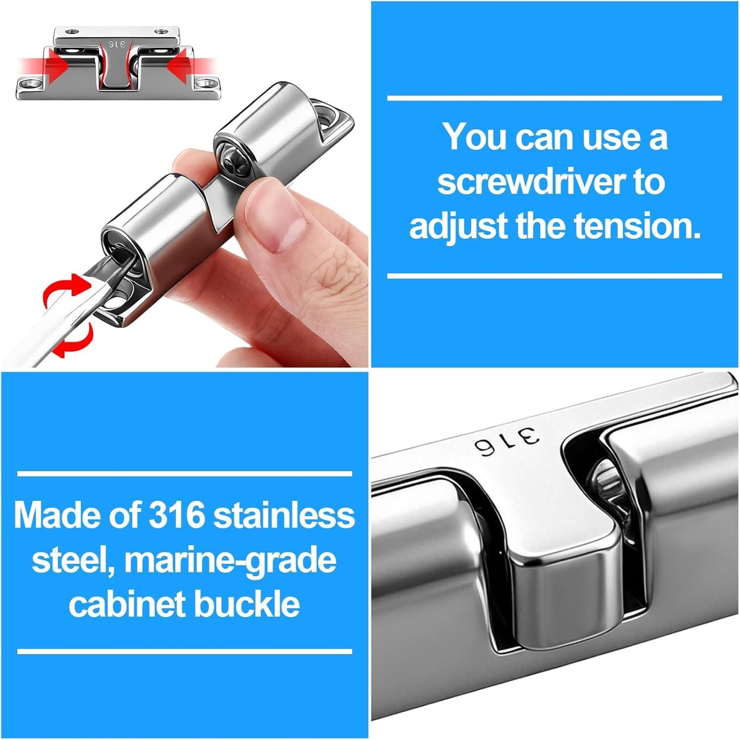 2 Pack Marine Grade 316 Stainless Steel Cabinet Tension Catch 70 mm Double Ball Tension Roller Catch Latch for Ship Hardware, Deck Installation, Cabinet, Closet & Furniture Door