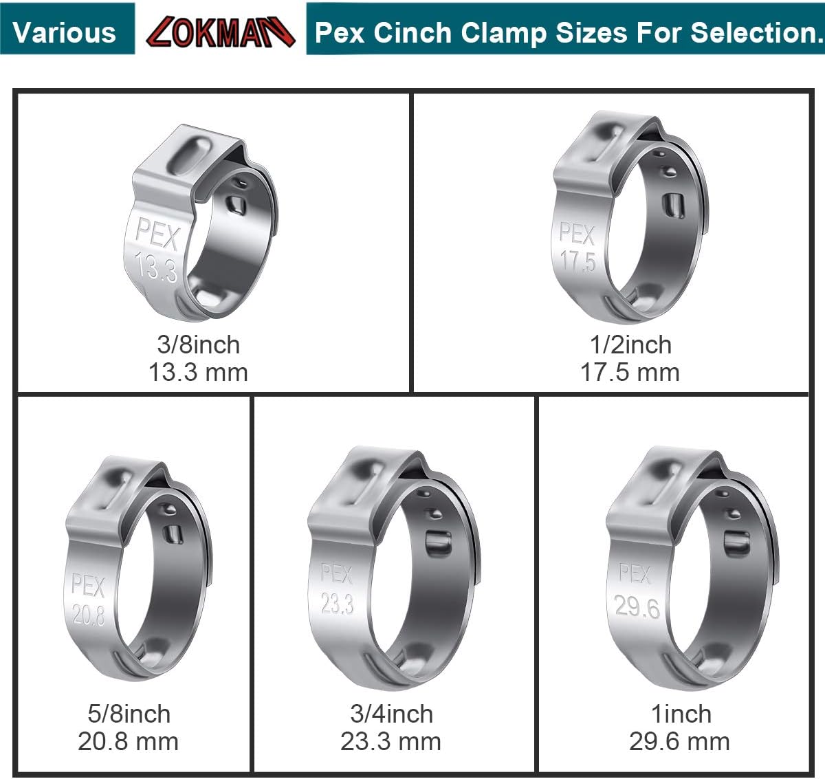50 Pack 1/2 Inch PEX Cinch Clamps, Stainless Steel Rings Pinch Clamps for PEX Tubing Pipe Fitting Connections (1/2 Inch)