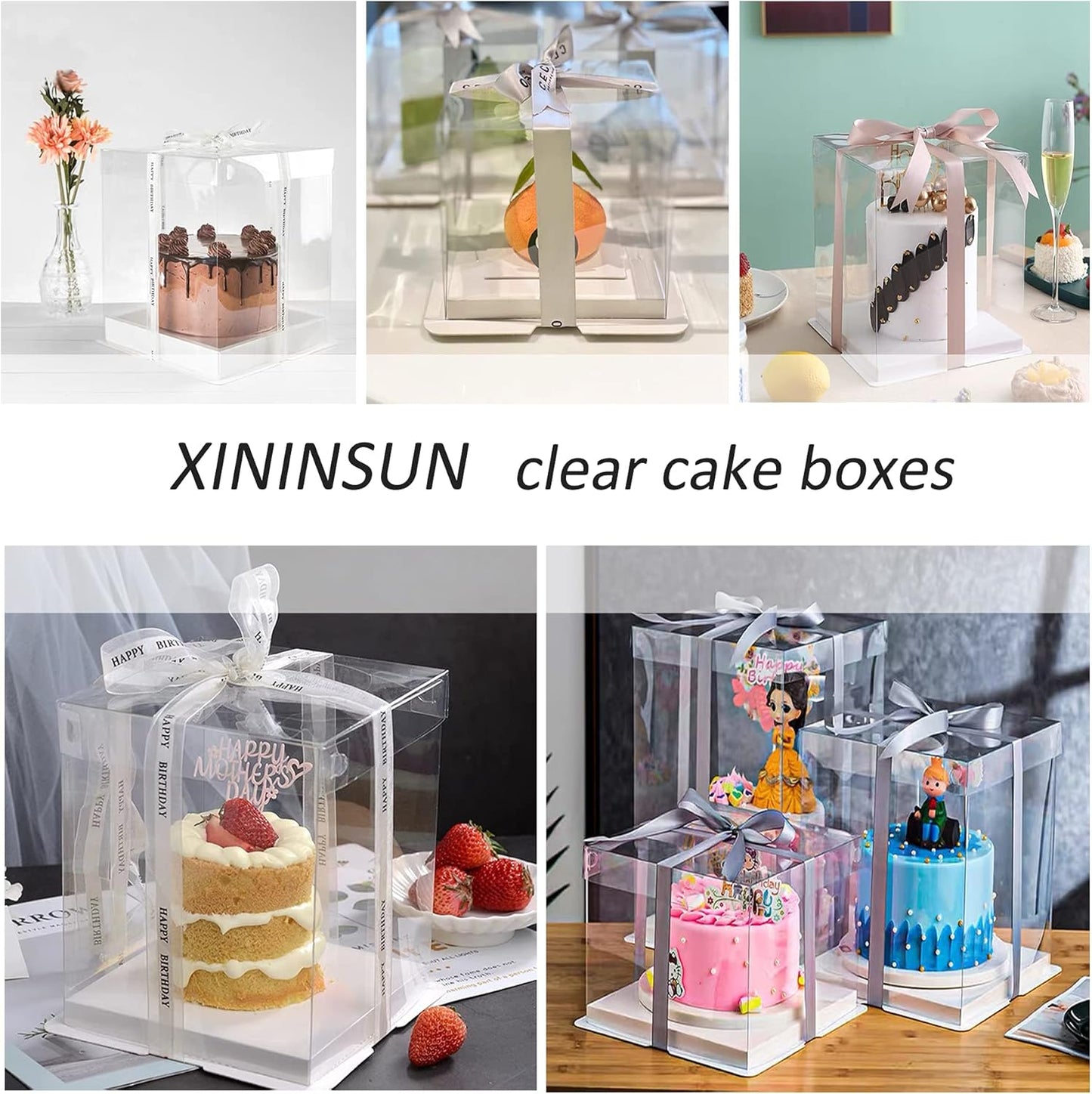 10 inch Clear cake Box, Large Transparent cake Box,tall cake boxes with Ribbon,10x10x9inch - Suitable for packing 8" or 10" cakes,Clear Gift Display Box for Carry Tall Layer Gift-6Pcs-White