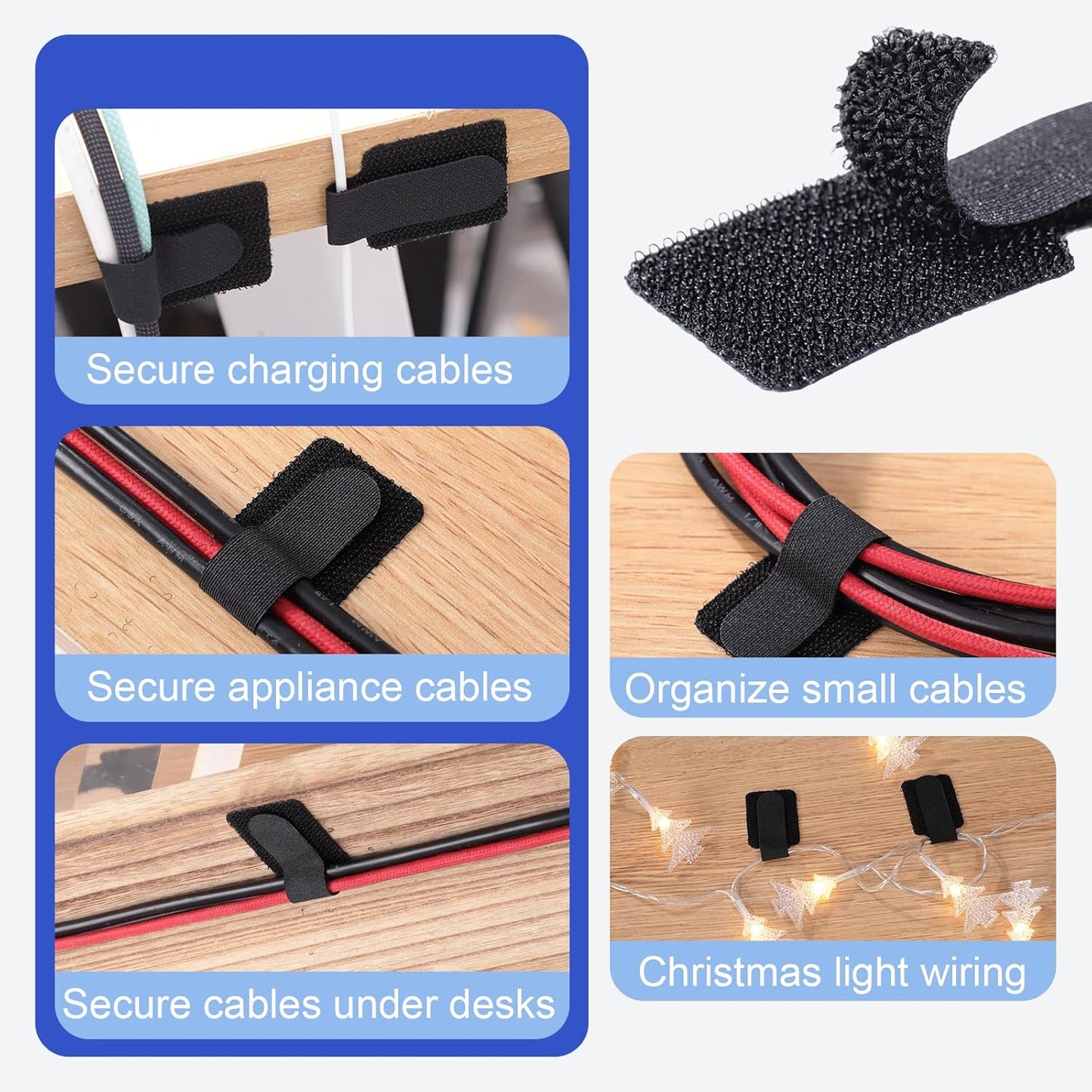 100 Pcs Hook and Loop Cable Ties, Self Adhesive Cable Management Desktop Cable Straps, Adjustable Cord Organizer for Desk Home Office Organization (Black)