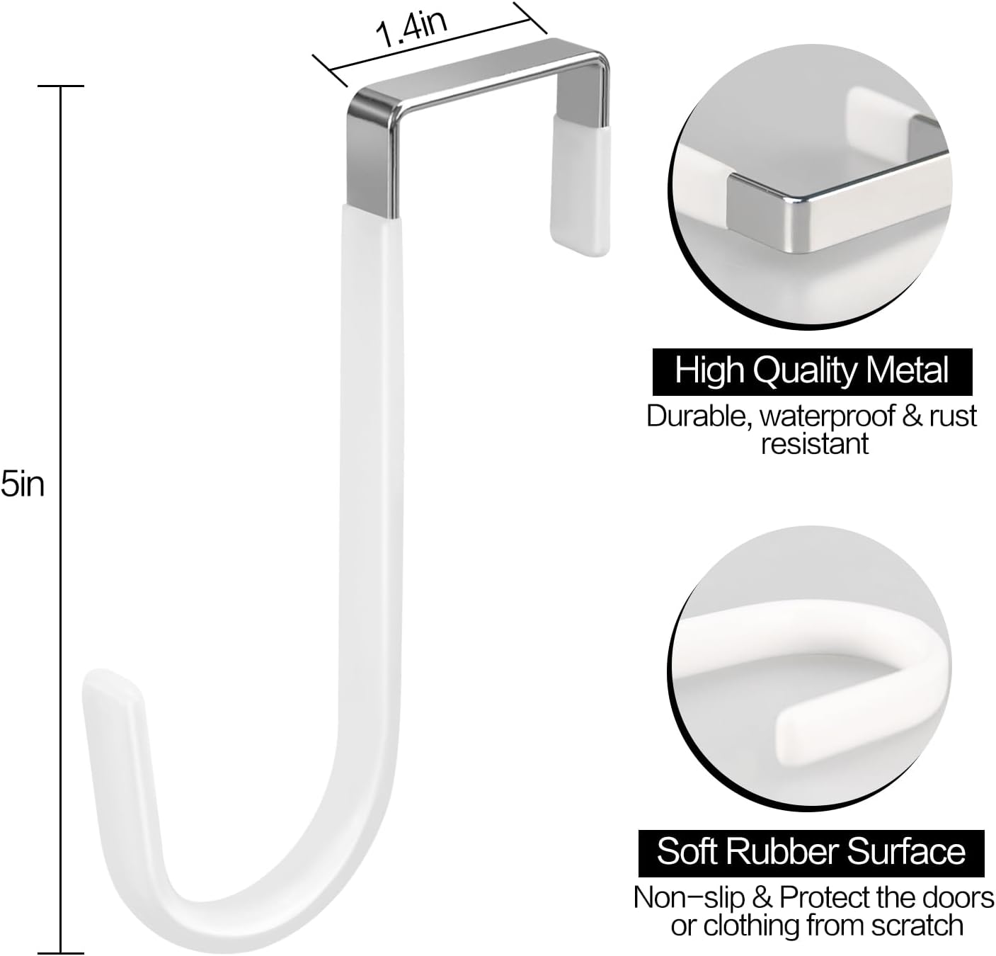 4 Pack Over The Door Hooks, Fits Doors Less Than 1.4in Thick, White Rubber Surface Prevent Scratch Door Hanger Hooks for Bathroom, Living Room, Kitchen, Hanging Clothes, Towels, Bags