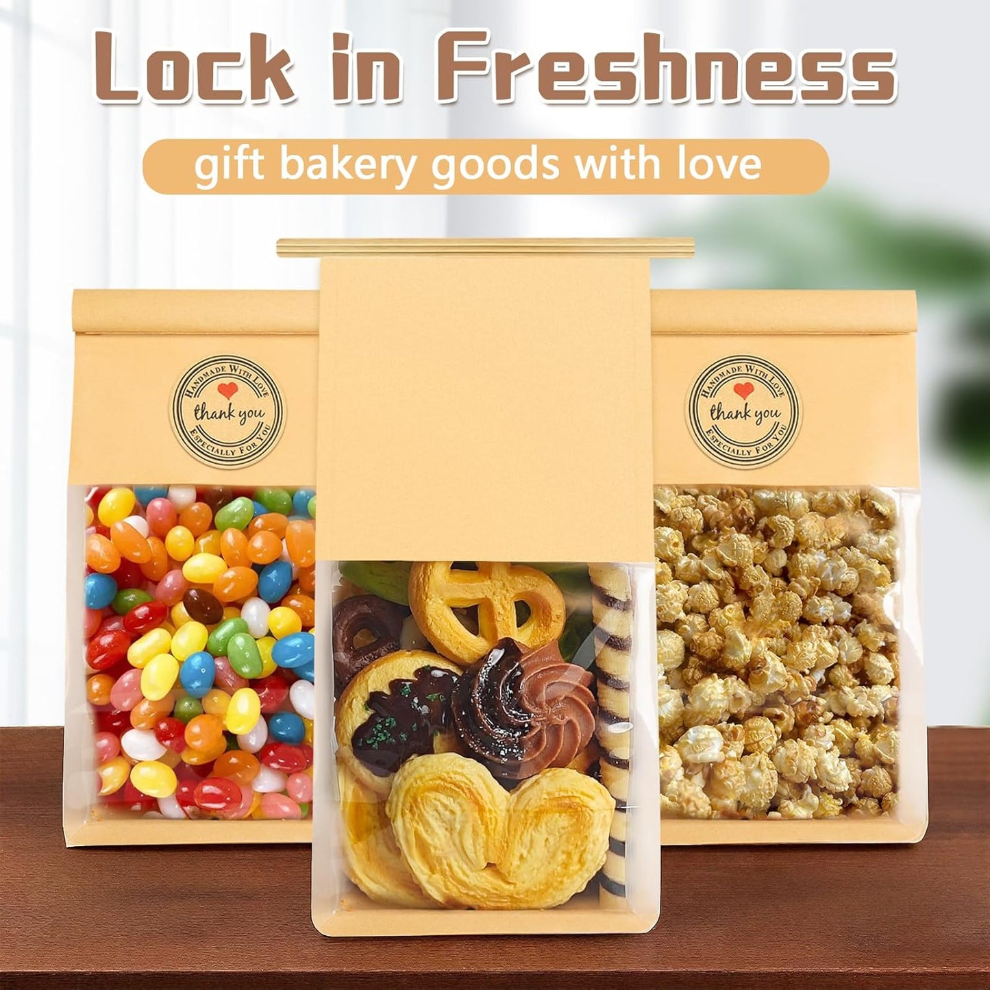 50 Pack Cookie Bags with Seal, 8.2x3.9x3.1 Inch Tin Tie Tab Lock Bakery Bags with Window Resealable Paper Packaging Bag for Muffin, Granola, Candies, Scone, Brownie, Included 50 Thank You Stickers