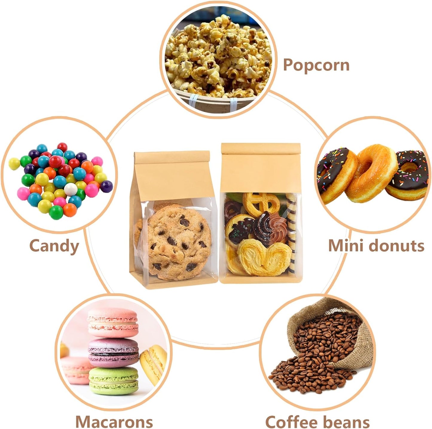 50 Pack Cookie Bags with Seal, 8.2x3.9x3.1 Inch Tin Tie Tab Lock Bakery Bags with Window Resealable Paper Packaging Bag for Muffin, Granola, Candies, Scone, Brownie, Included 50 Thank You Stickers