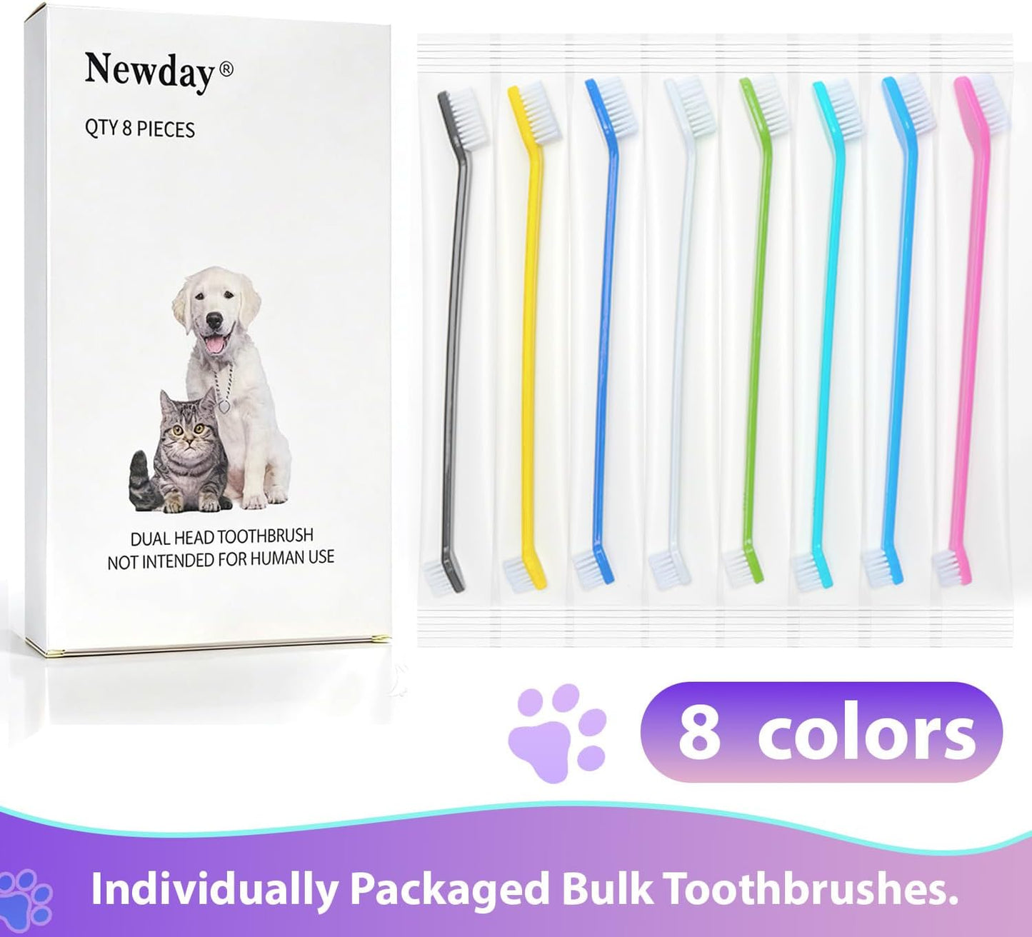 Dog Toothbrush Set of 8 - Dual Headed, Dental Hygiene Convenient Soft Toothbrush to Clean pet Teeth, Dog Tooth Brushes for Small to Large Dogs, Cats, and Most Pets, Teeth Brush in Bulk