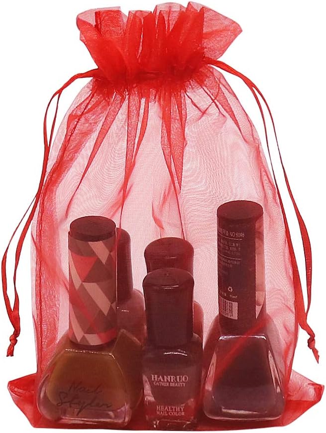 Organza Bags Red 100pcs, 5 x 7 inches Christmas Gift Drawstring Bags Mesh Jewelry Pouches for Wedding Party Favors