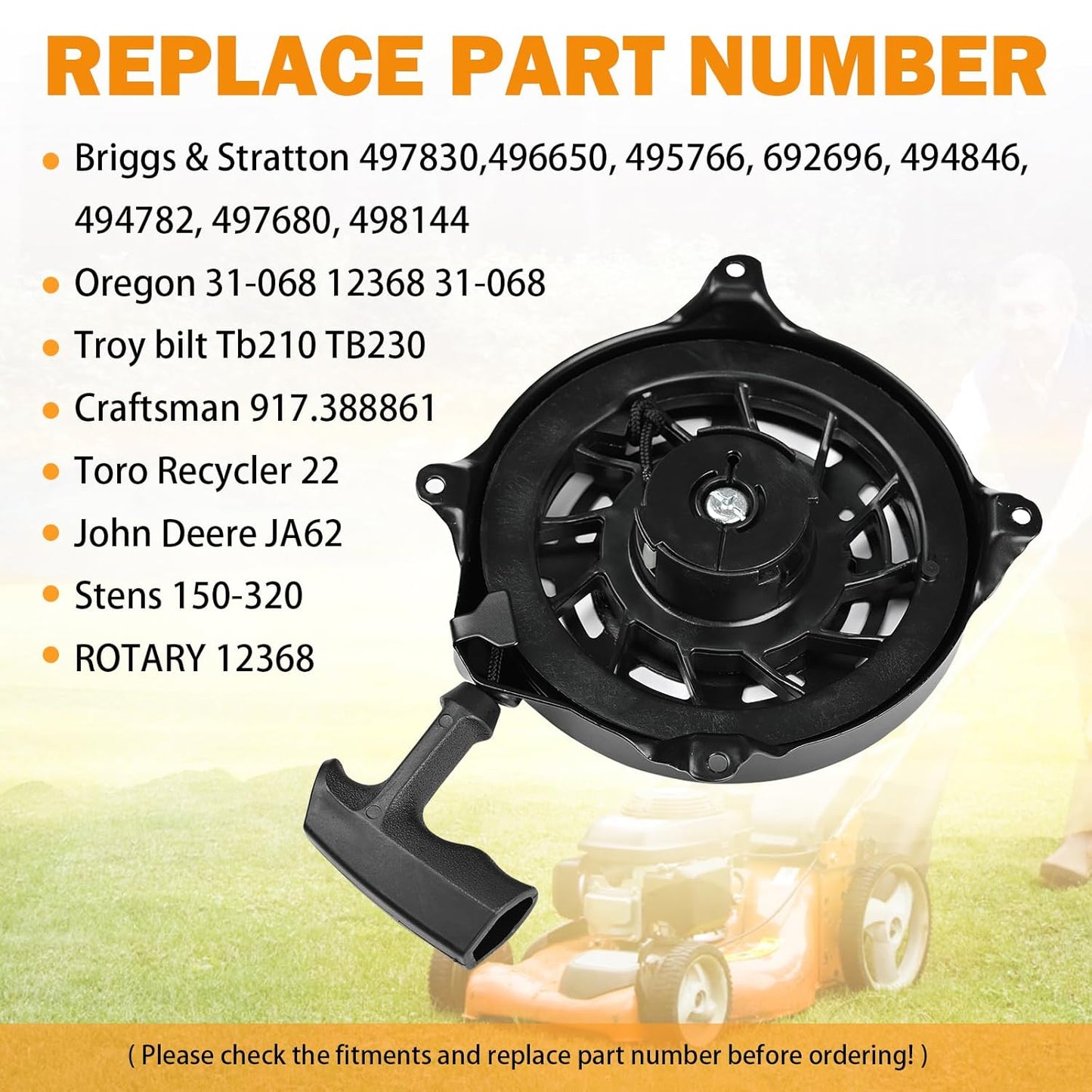 497680 Briggs and Stratton Rewind Starter Pull Start Assembly Compatible with Briggs & Stratton 6.75 Craftsman Toro Troy-Bilt Tb210 TB230 Lawn Mower Recoil Starter Replace Oregon 31-068, Rotary 12368