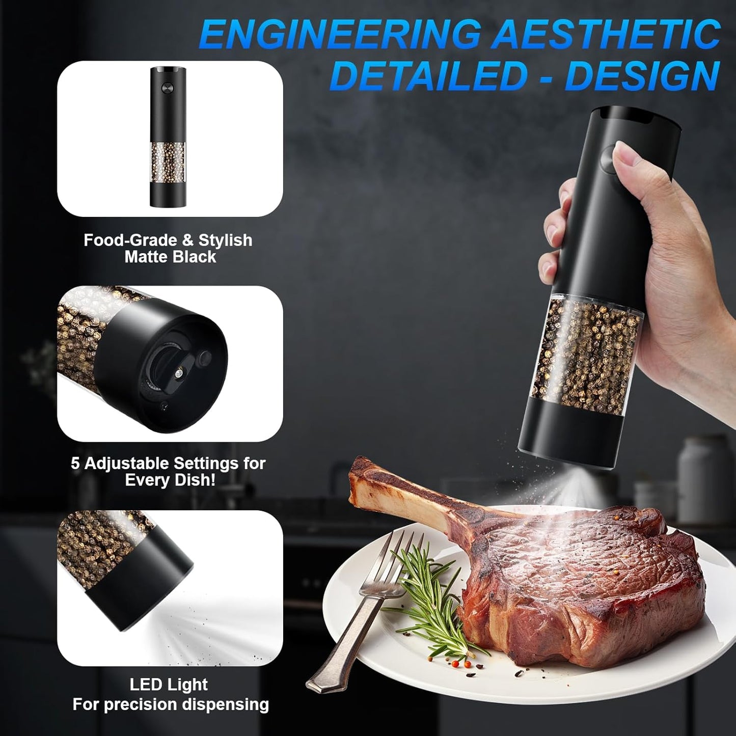 Electric Pepper or Salt Grinder,Adjustable Coarseness Salt & Pepper Mill,With LED Light,Easy to Clean,Battery Powered,One Handed Operation,Kitchen Essential（1 pack/black）