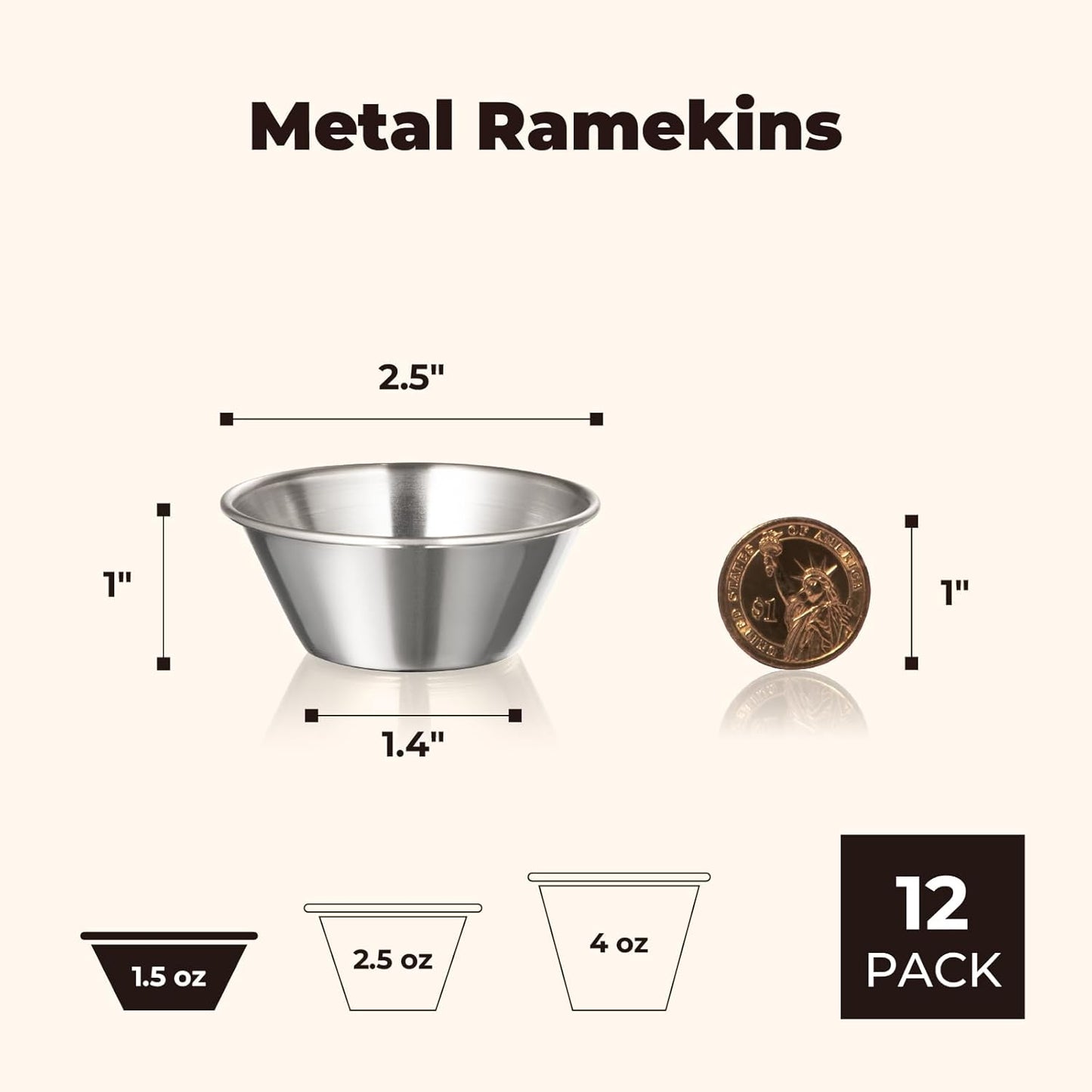 [12 Pack] 1.5 oz Stainless Steel Dipping Sauce Cups, Reusable Metal Ramekins, Commercial Grade Condiment Bowls, Individual Portion Cups, Small Round Au Jus for Home, Restaurant