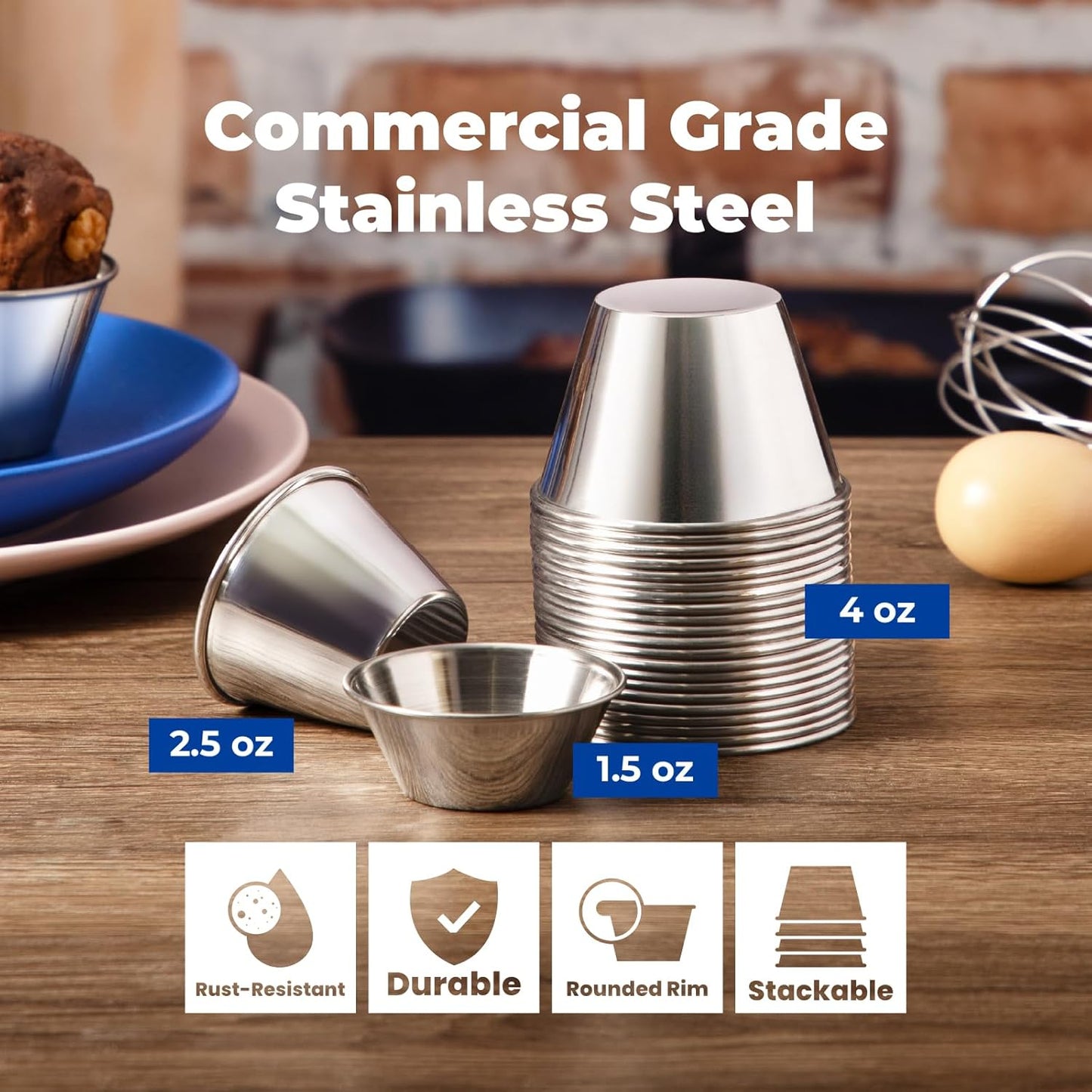 [12 Pack] 1.5 oz Stainless Steel Dipping Sauce Cups, Reusable Metal Ramekins, Commercial Grade Condiment Bowls, Individual Portion Cups, Small Round Au Jus for Home, Restaurant