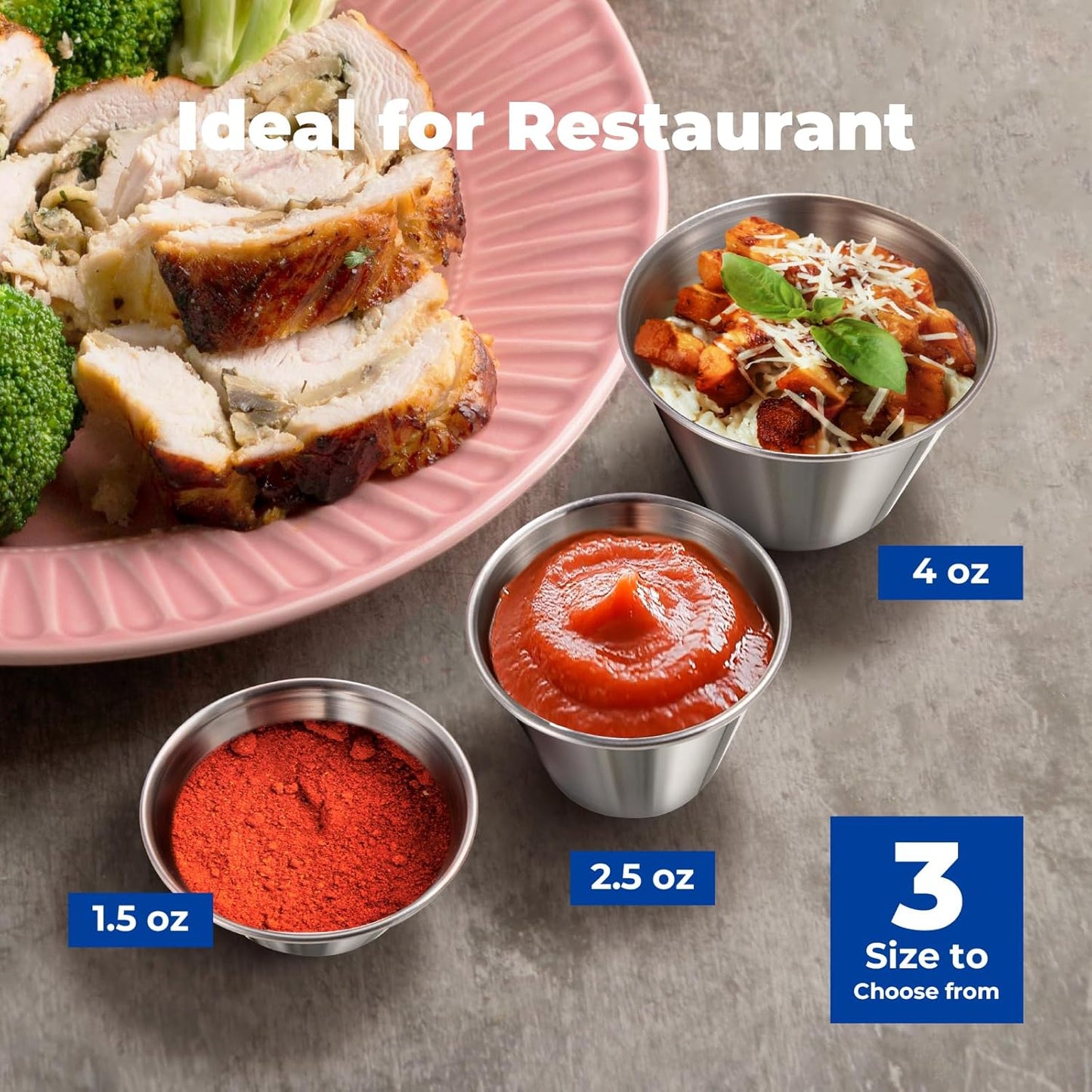 [12 Pack] 1.5 oz Stainless Steel Dipping Sauce Cups, Reusable Metal Ramekins, Commercial Grade Condiment Bowls, Individual Portion Cups, Small Round Au Jus for Home, Restaurant