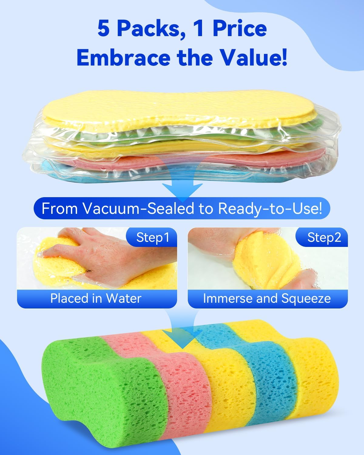 5-Pack Car Wash Sponges, 9.1" x 4.3" x 2.4" Large Sponges, Extra Thick Foam Kit for All-Purpose Cleaning, Ideal Washing Sponges for Kitchen, Bathroom, Household