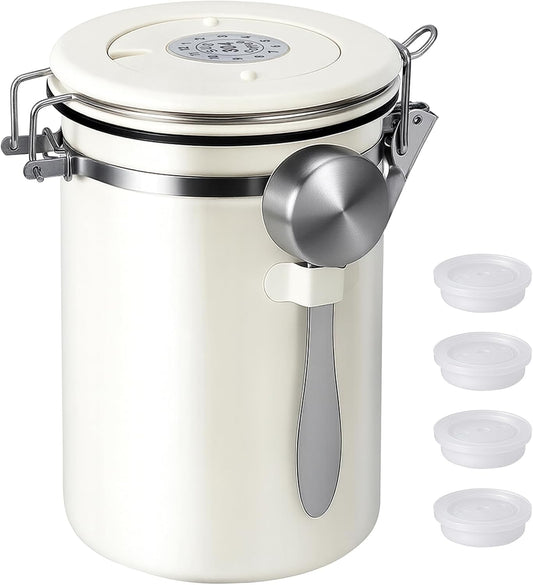 Stainless Steel Coffee Canister - 22OZ Airtight Coffee Bean Storage Grounds Container Holder with Date Tracker & Measuring Scoop, Kitchen Food Canister Jar for Cereal, Sugar, Tea, Flour, Gifts