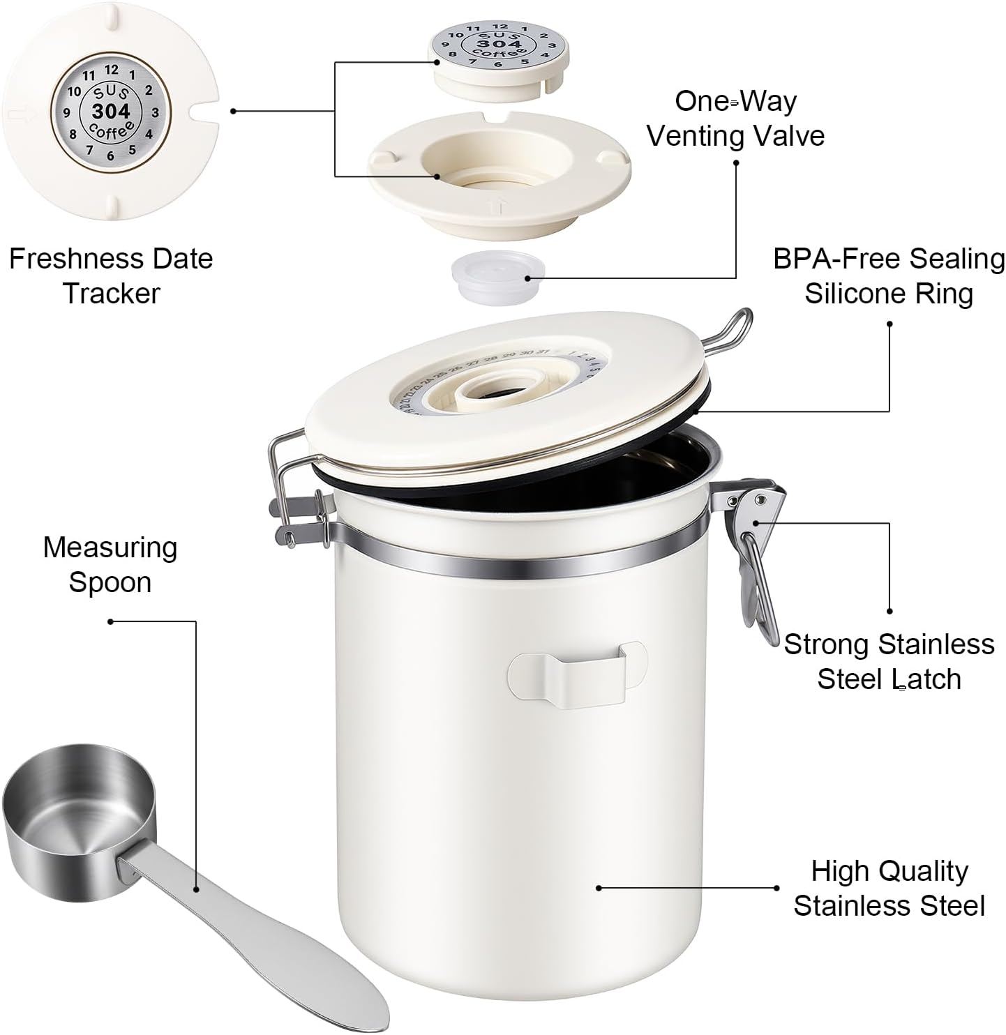 Stainless Steel Coffee Canister - 22OZ Airtight Coffee Bean Storage Grounds Container Holder with Date Tracker & Measuring Scoop, Kitchen Food Canister Jar for Cereal, Sugar, Tea, Flour, Gifts