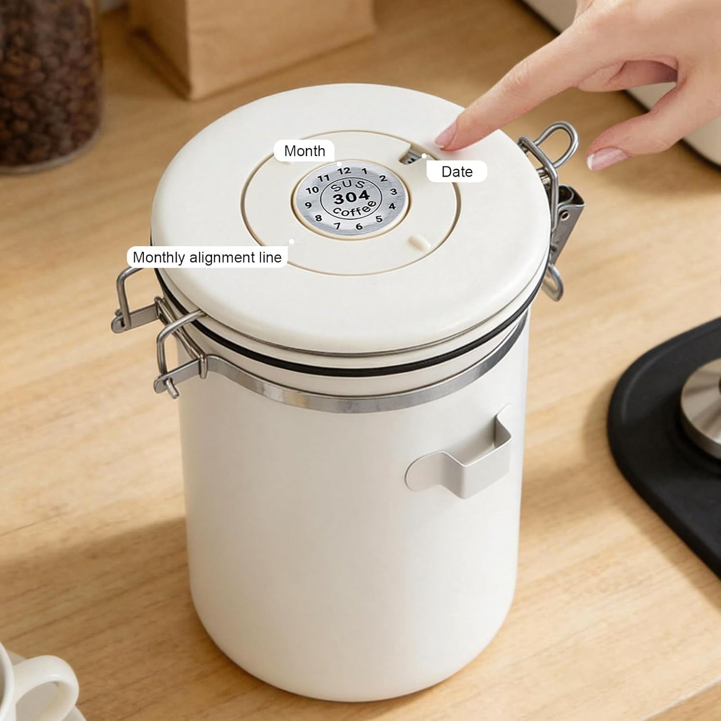 Stainless Steel Coffee Canister - 22OZ Airtight Coffee Bean Storage Grounds Container Holder with Date Tracker & Measuring Scoop, Kitchen Food Canister Jar for Cereal, Sugar, Tea, Flour, Gifts
