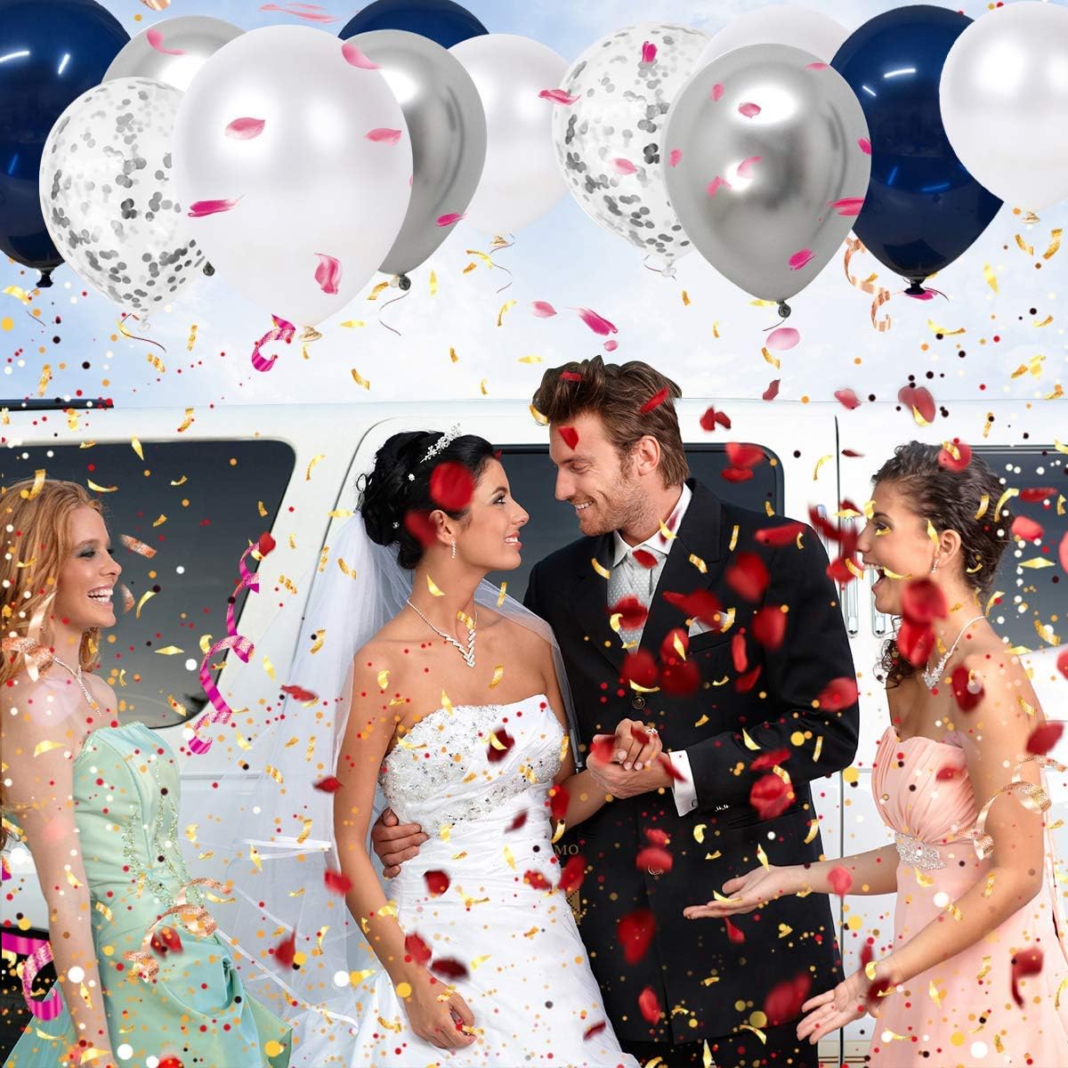 Navy Blue and Silver Confetti Balloons 50 pcs, 12 inch White Pearl and Silver Metallic Chrome Party Balloons for 2026 Graduation Party Decorations