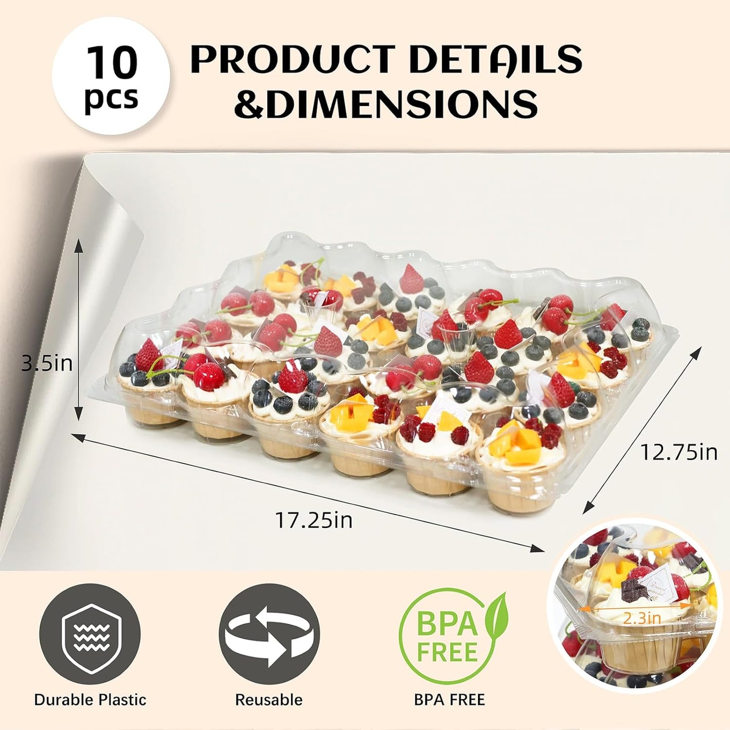 24 Count x 10 Sets Plastic Cupcake Containers, Durable and BPA-Free Cupcake Holder with Lid for Easy Transport Storage, Stackable Clear Cupcake Carriers, Reusable Dessert Boxes