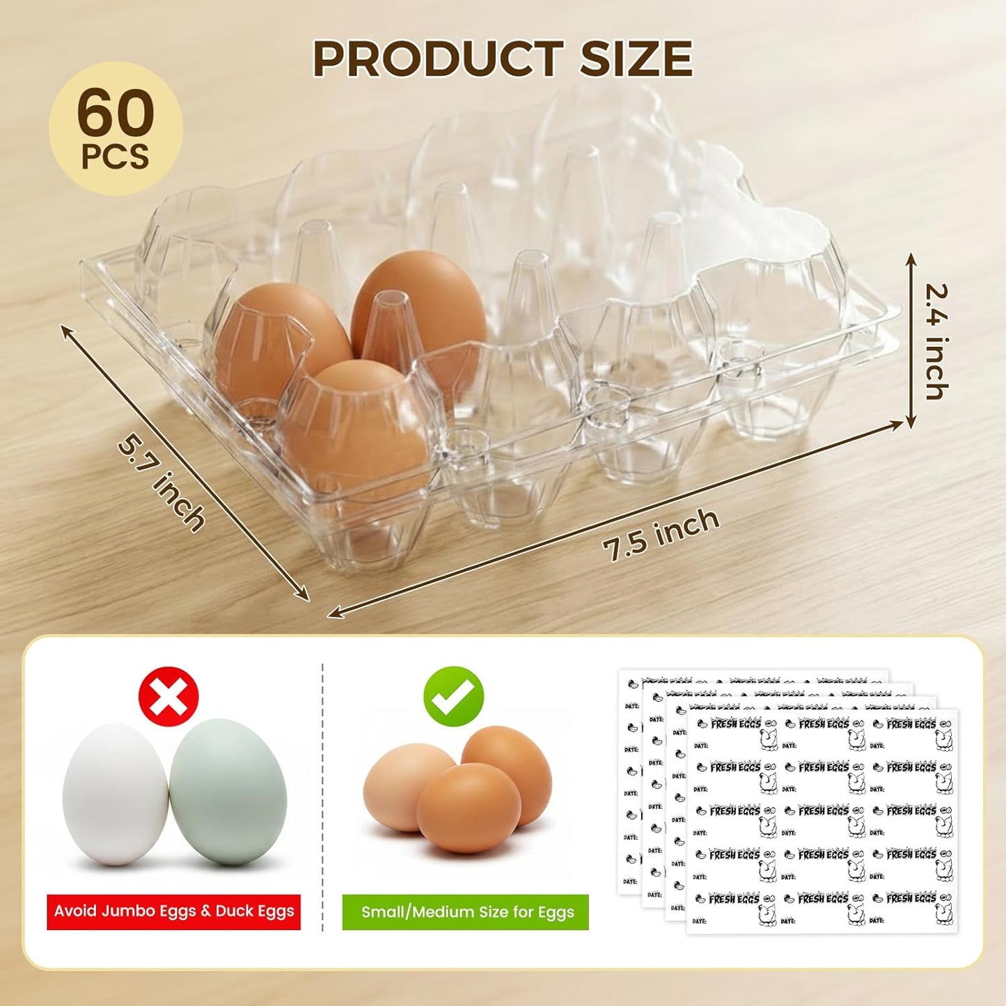 60 PCS 12 Count Plastic Egg Cartons, with 60PCS Date Labels, Clear Reusable Egg Containers Holds for Fresh Medium Eggs Storage, Suitable for Farms, Family, Markets Display