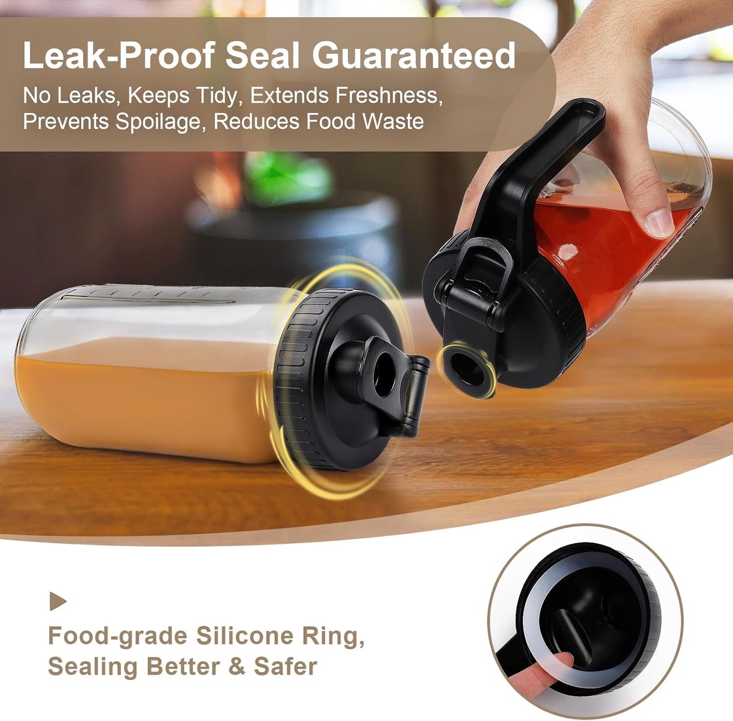 Wide Mouth Mason Jar Pour Spout Lid - 2 Pack Black Airtight Pour Spout Lid with Handle, Turns your Mason Jar into Pitcher, BPA Free & Durable Flip Cap Lids Easy to Clean Fit for Canning Jars