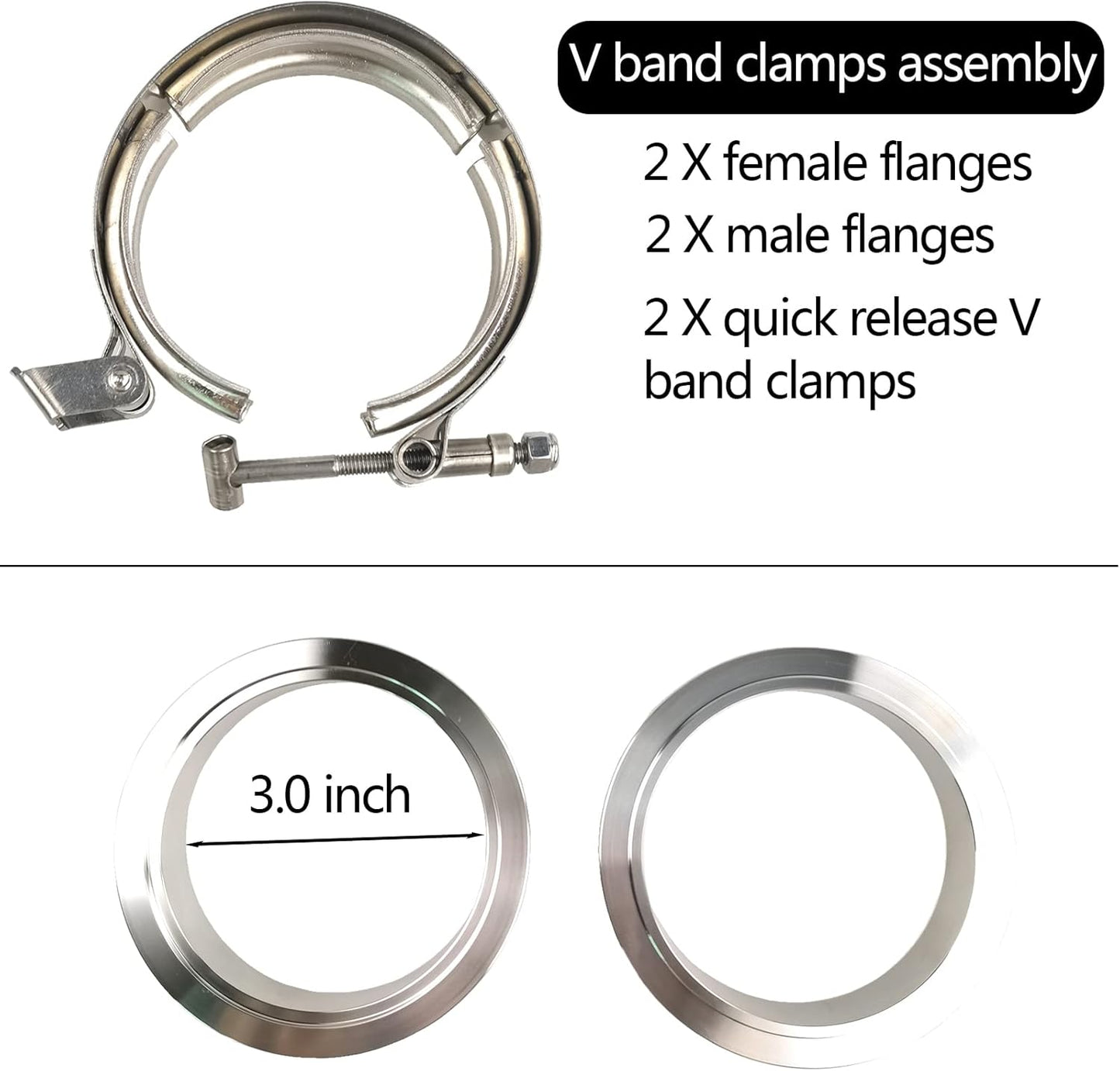 2 X 3 inch Quick Release V Band Clamp with Male Female Flanges 304 Stainless Steel for Turbo Downpipes, 2 Pack