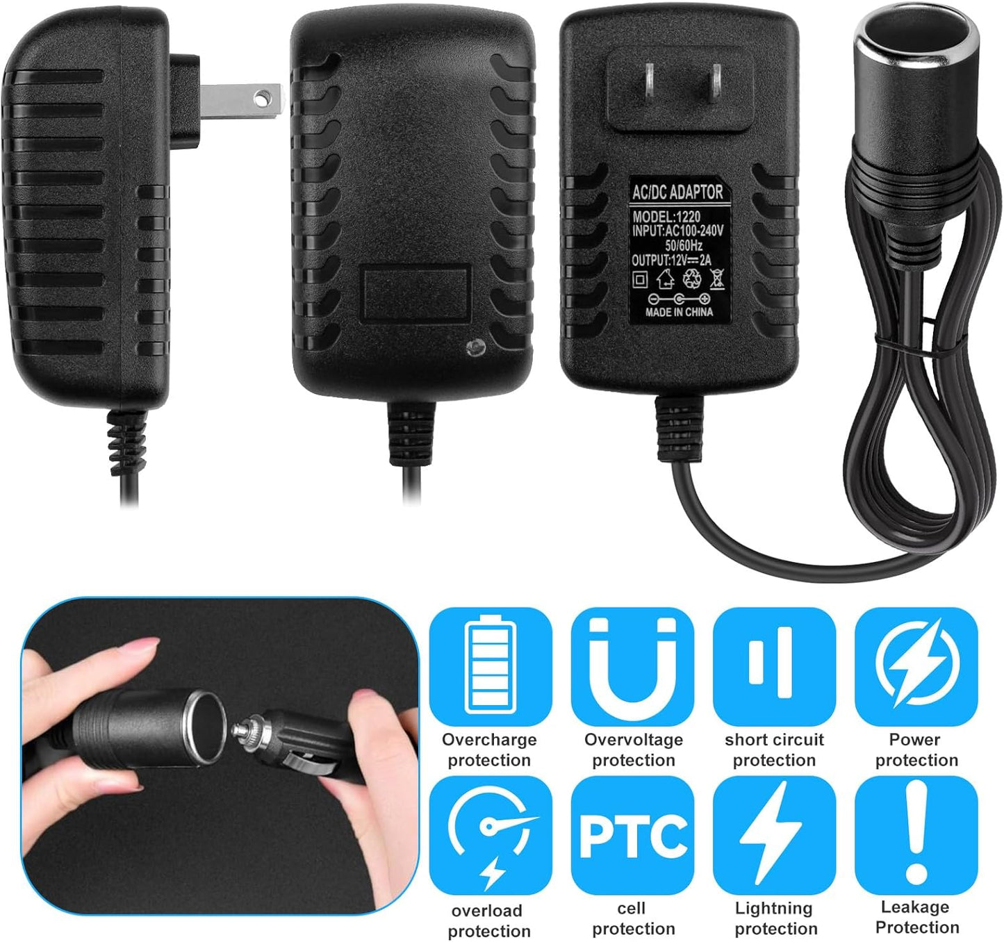 AC to DC Converter 2A 24W Car Cigarette Lighter Socket Adapter Power Cable 110-240V to 12V AC/DC for Automobile Home Use Car to Wall Plug（Under 24W only）