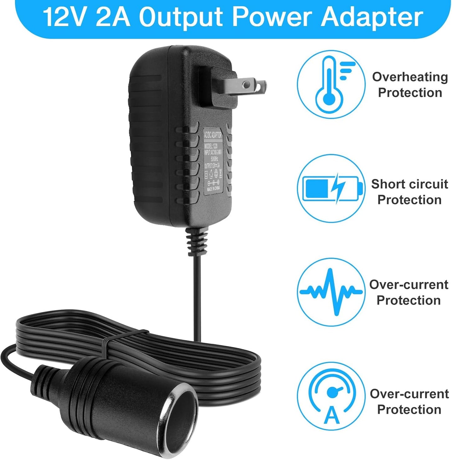AC to DC Converter 2A 24W Car Cigarette Lighter Socket Adapter Power Cable 110-240V to 12V AC/DC for Automobile Home Use Car to Wall Plug（Under 24W only）