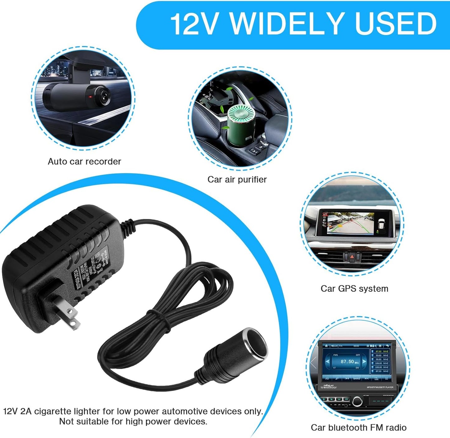 AC to DC Converter 2A 24W Car Cigarette Lighter Socket Adapter Power Cable 110-240V to 12V AC/DC for Automobile Home Use Car to Wall Plug（Under 24W only）