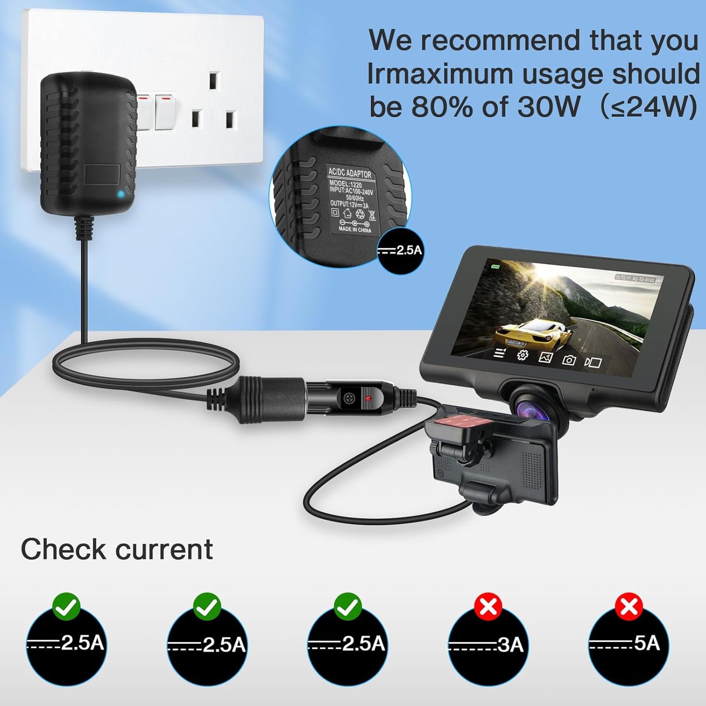 AC to DC Converter 2A 24W Car Cigarette Lighter Socket Adapter Power Cable 110-240V to 12V AC/DC for Automobile Home Use Car to Wall Plug（Under 24W only）