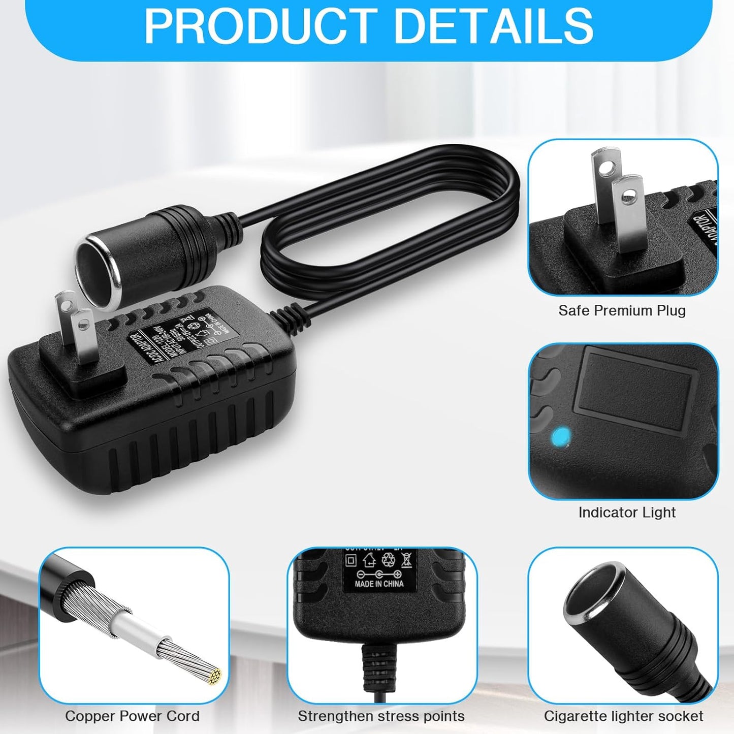 AC to DC Converter 2A 24W Car Cigarette Lighter Socket Adapter Power Cable 110-240V to 12V AC/DC for Automobile Home Use Car to Wall Plug（Under 24W only）